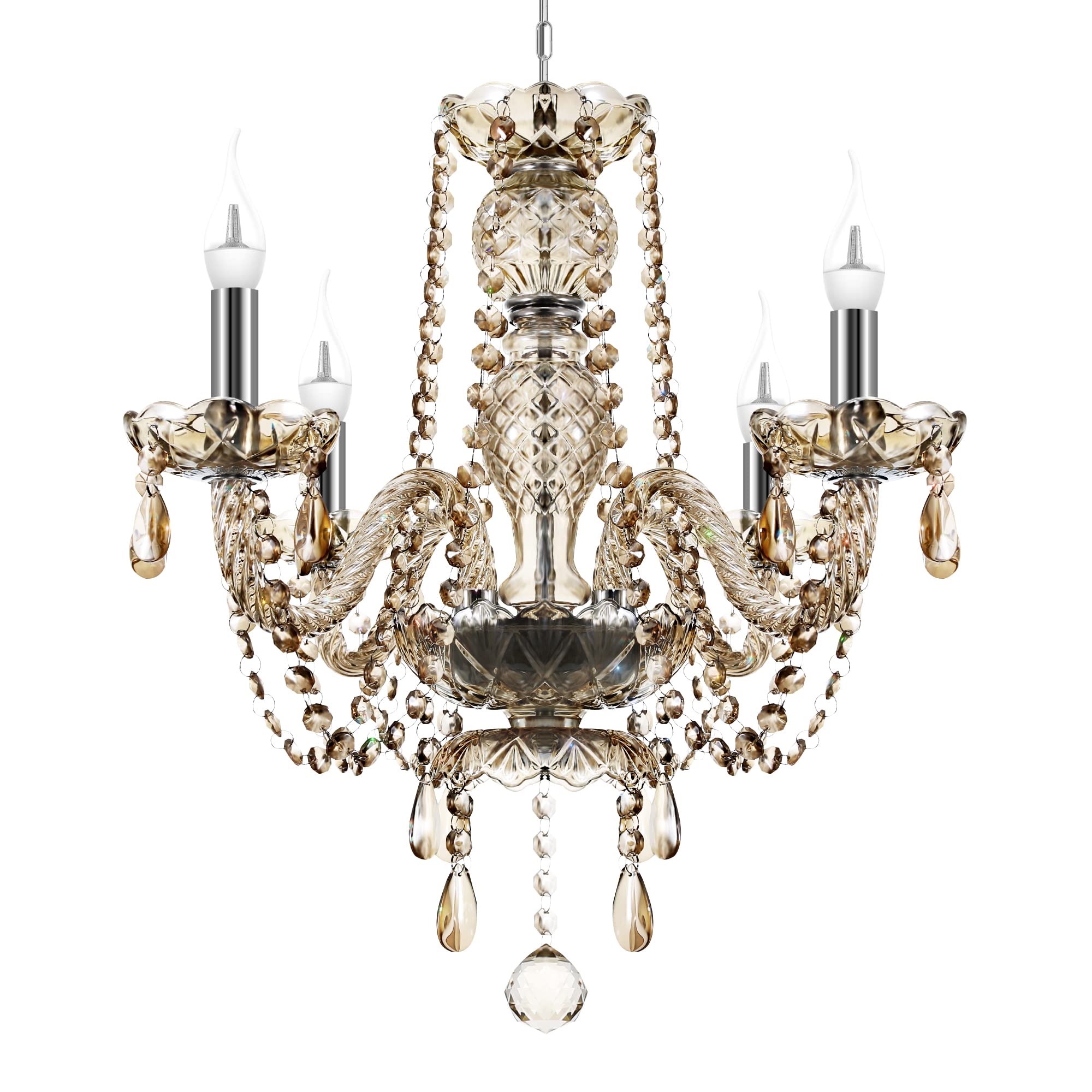 Cognac Crystal Chandeliers Ceiling Light with 4 Lights K5 Crystal Glass Adjustable Ceiling Pendant Lighting Fixture E14 Bulb Base for Bedroom Living Room Dining Room Hallway Indoor Lighting [Energy Class A++]
