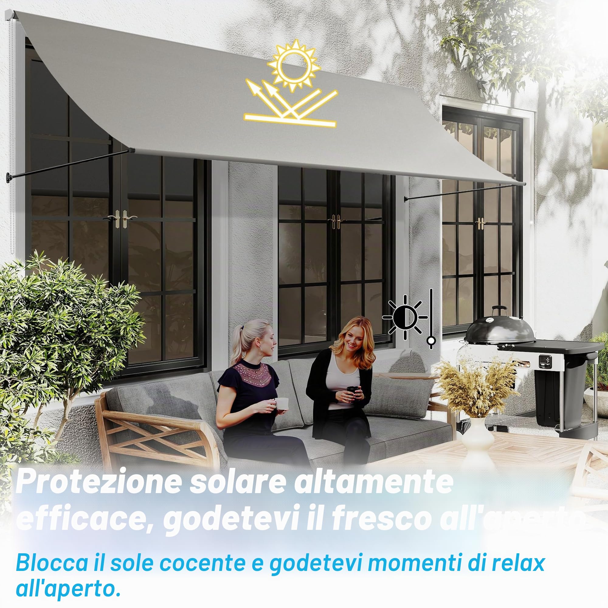 Tenda da sole a braccio snodato retrattile in alluminio 200x145 cm grigio per balcone terrazza finestra