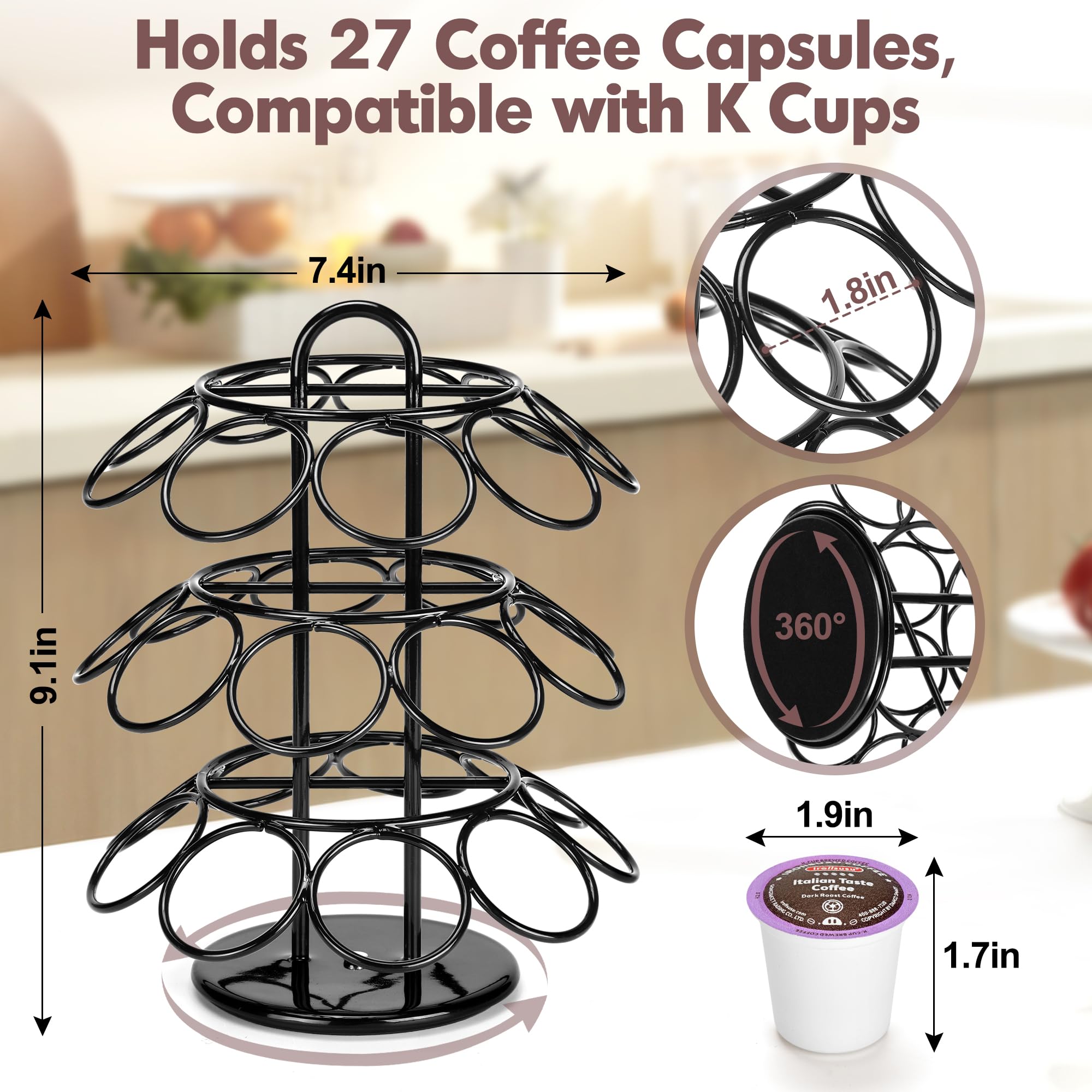 ROWISE Soporte para cápsulas de café, soportes para tazas K, carrusel de cápsulas de café de 3 niveles compatible con tazas K (27 cápsulas), gira 360 grados, diseño negro moderno