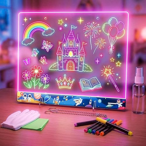16" LumiBoard LED Drawing Board for Kids - 7 Colors & 10 Modes Rechargeable Acrylic LED Note Board with 7 Markers Cleaning Kit, Sketching & Birthday Gifts for Kids/Girls/Teens（Space）