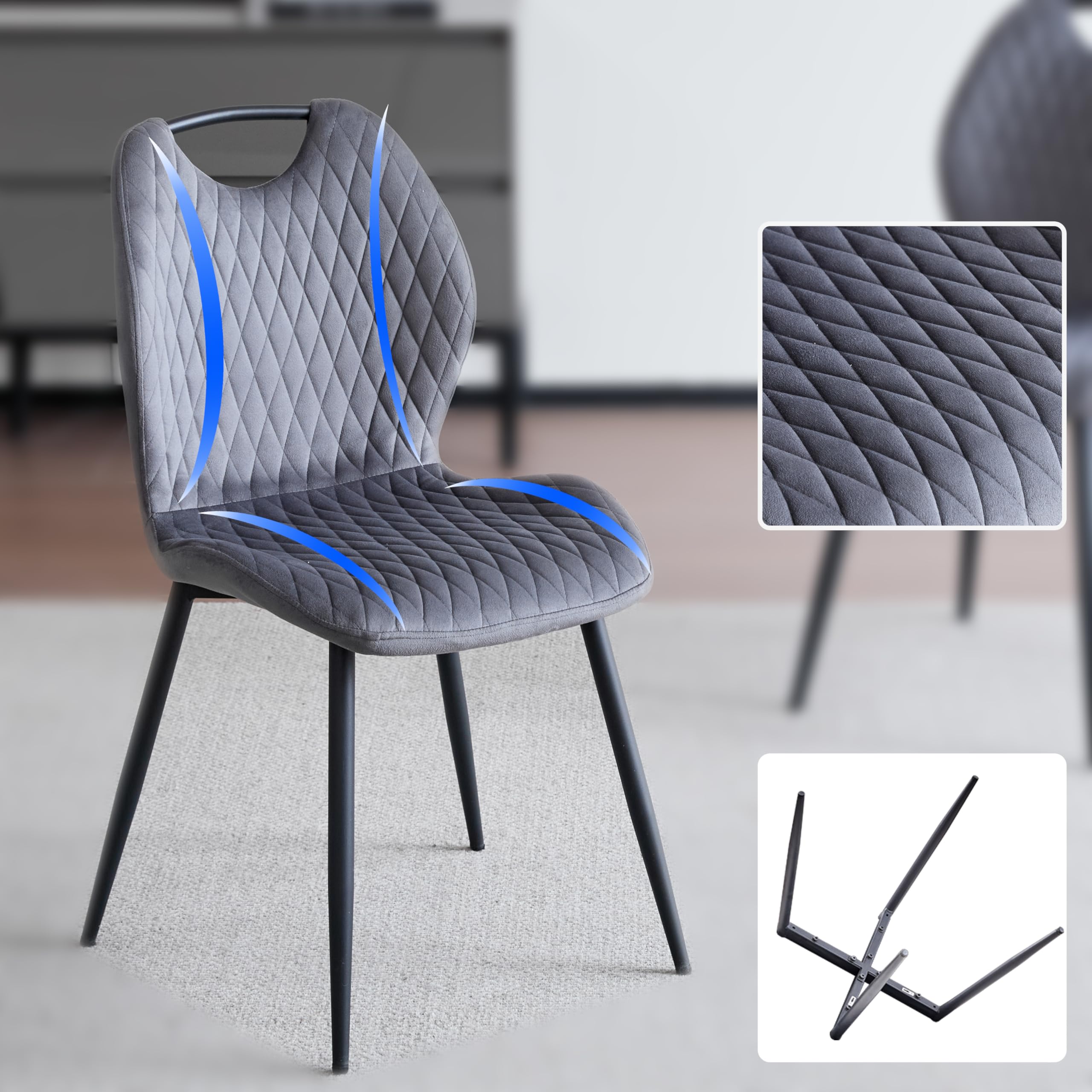 Esstisch mit 4 Stühlen Esszimmer-Set,140 * 78 * 77 cm Rechteckiger Esstisch aus Holz,4 Stühle mit hoher Rückenlehne, Schwarze Meta-Beine,Dunkelbraun Tisch+Grau Stühle