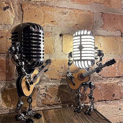 Miniatura 3 de Lámpara de escritorio robótica con micrófono vintage, lámpara robot de micrófono de metal con mini guitarra, lámpara de atenuación táctil robot, luz