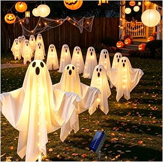 Solar Halloween Ghost Pathway Lights - 3Pack Solar Powered Halloween Ghost with Adjustable arms for Pathway Garden Lawn Walkway Decorations, 8 Modes & Waterproof Outdoor Holiday Lights, 25 inch Tall