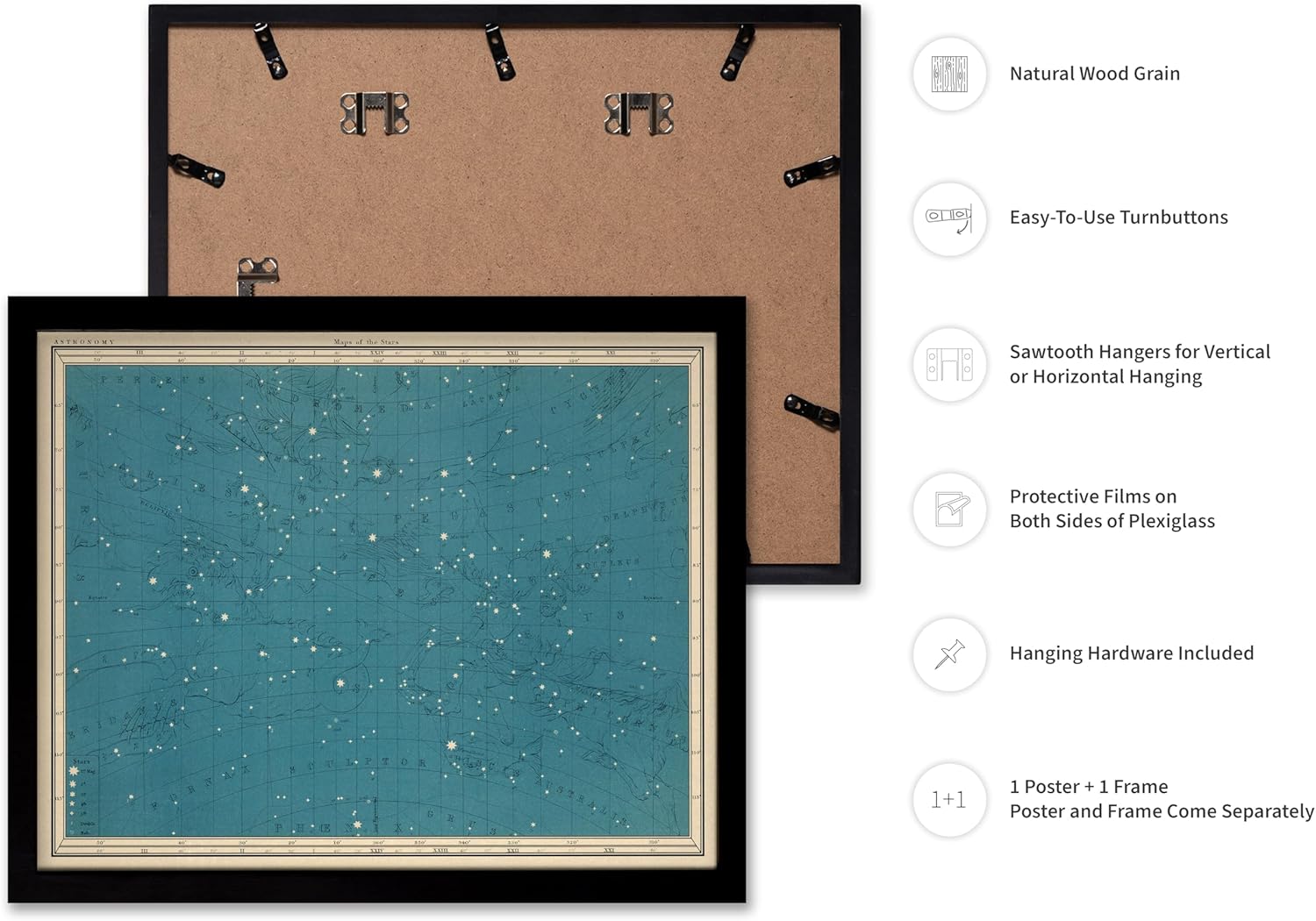 Poster Master Celestial Poster - Map of the Stars Print - Gift for Astronomy, Lunar Fans - Vintage Art for Home, Bedroom, Living Room - Night Sky Constellations Map, 16x20 Black Framed