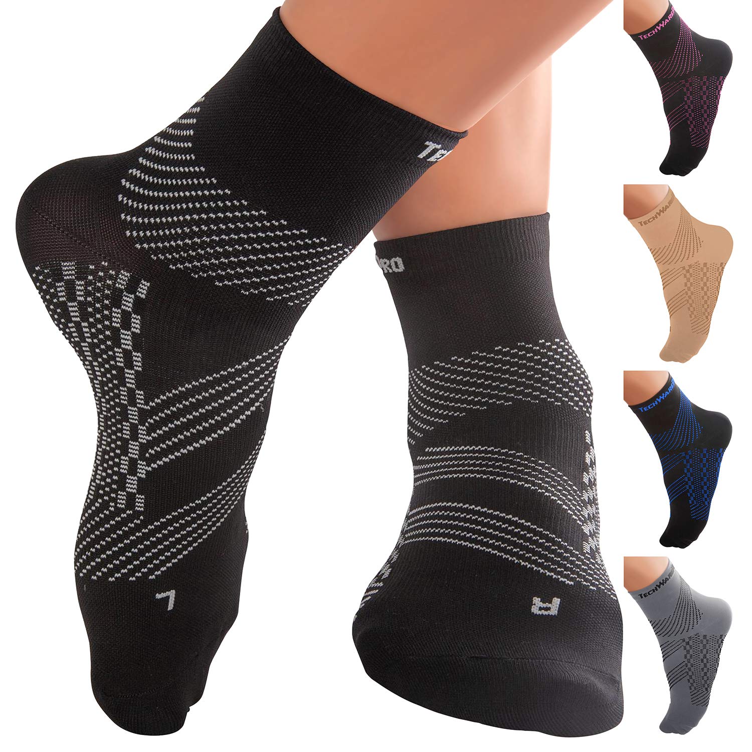 TechWare Pro Ankle Brace Compression Socks - Plantar Fasciitis Pain Relief Sock with Arch Support. Foot Sleeve Relieves Achilles Tendonitis & Heel Pain. Women & Men. Everyday Use & Injury Recovery