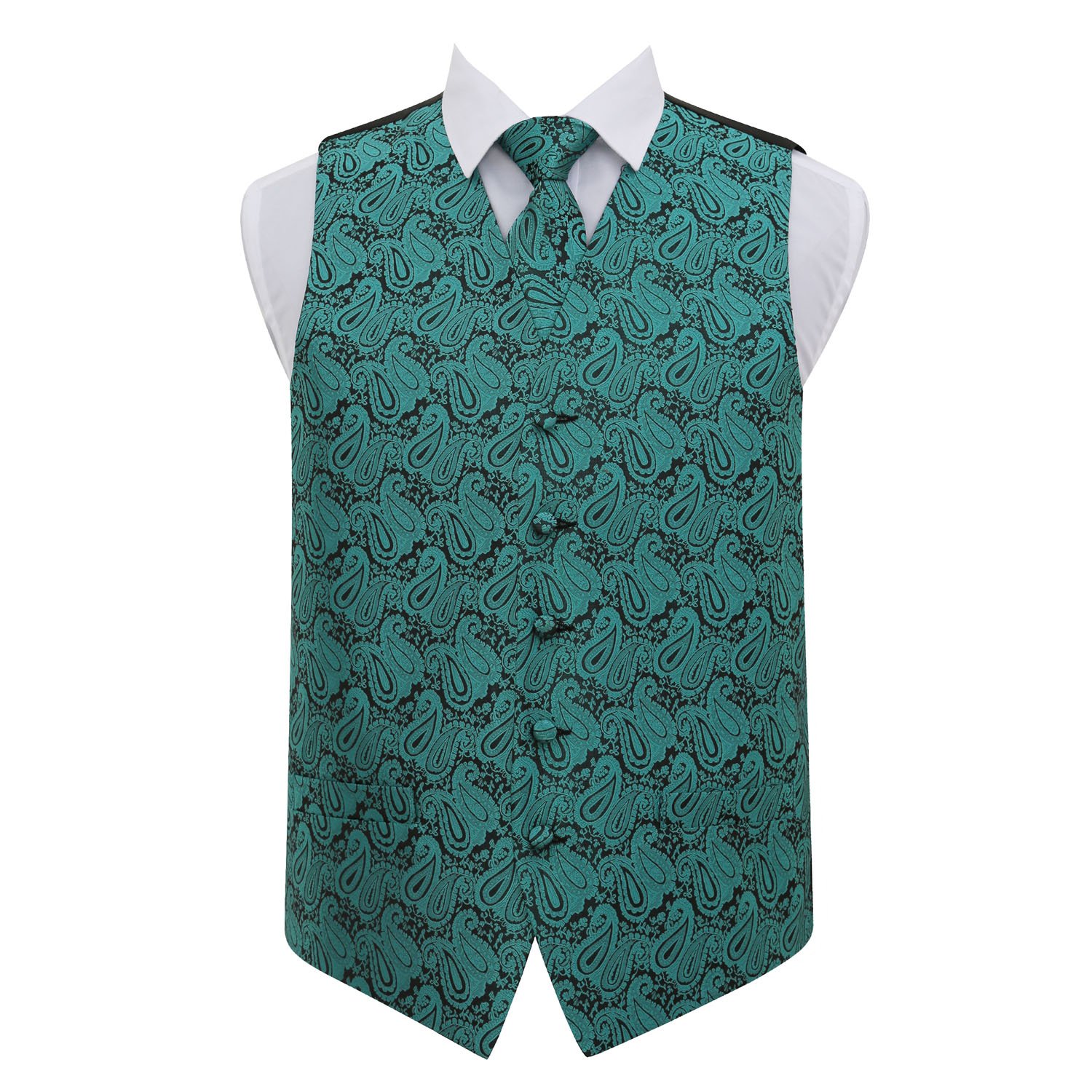 Dqt Men's Teal Paisley Floral Waistcoat & Tie Set (2Pc) - Wedding, Business & Formal - 48" (4Xl)