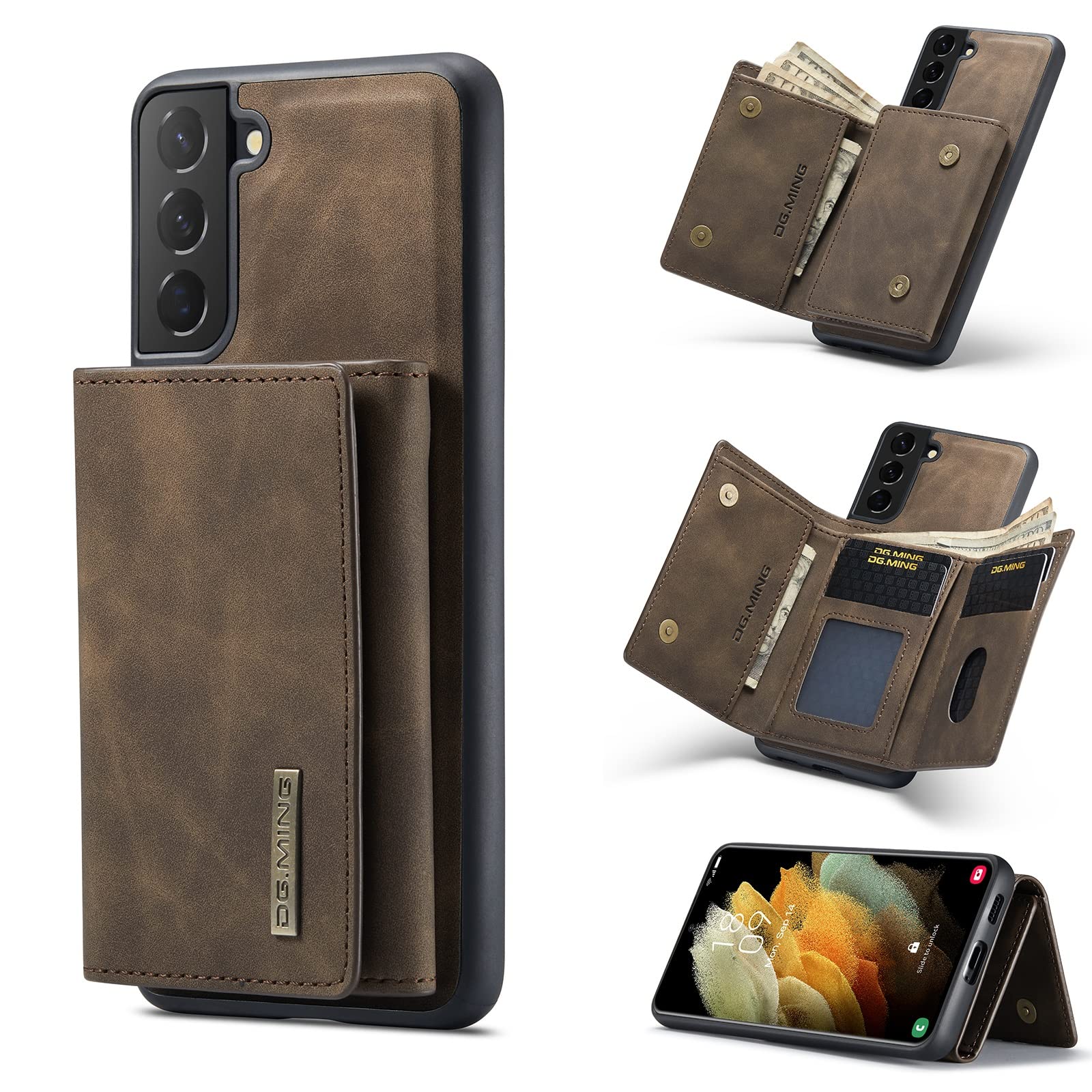 Oidealo 2 in 1 Clutch Wallet Case for Samsung Galaxy S21 FE, DG.MING Retro Leather Slim Protective Phone Case Magnetic Detachable with Trifold Wallet Credit Card Cash Holder (Coffee)