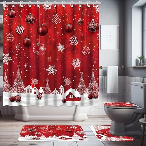 Miniatura 1 de Capoda Juego de 4 cortinas de ducha de baño, cortina de baño de Navidad con 12 ganchos, alfombras de baño antideslizantes, cubierta de tapa de