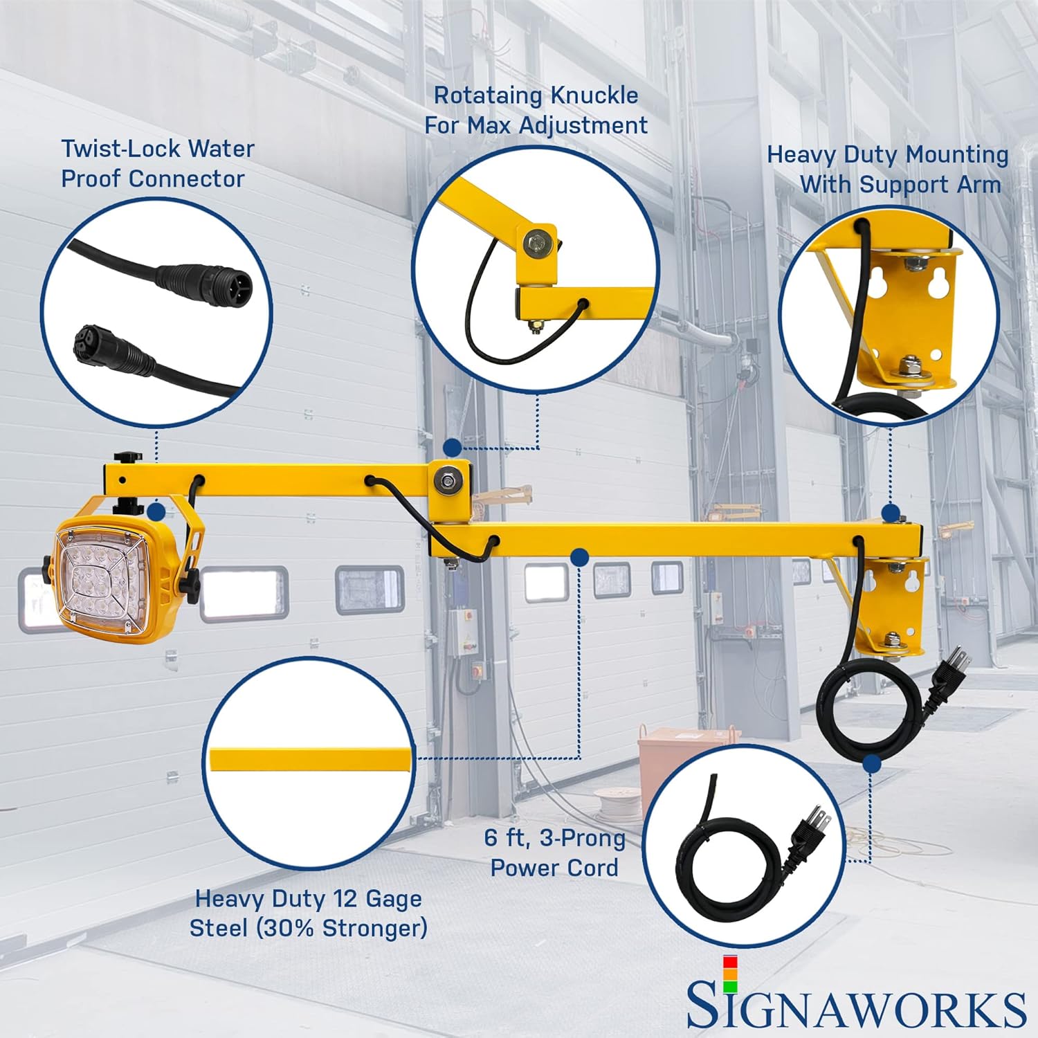 Signaworks LED Loading Dock Bay Swing Arm Light 2 Pack (50W, 5500LM), Brighten Trailers & Shipping Trailers, Industrial Aluminum Housing, 5ft Power Cord