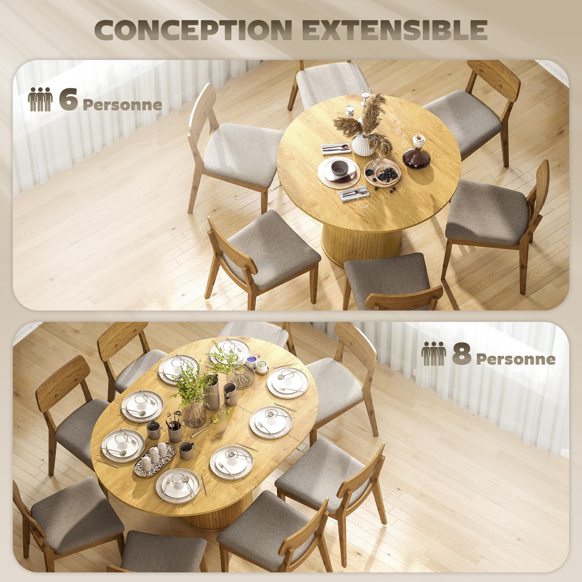 HOMCOM Table à Manger Extensible, Table de Cuisine, pour 6 à 8 Personnes, pour Petits espaces, Style campagnard, 110-150 x 75 cm, Effet Bois Naturel