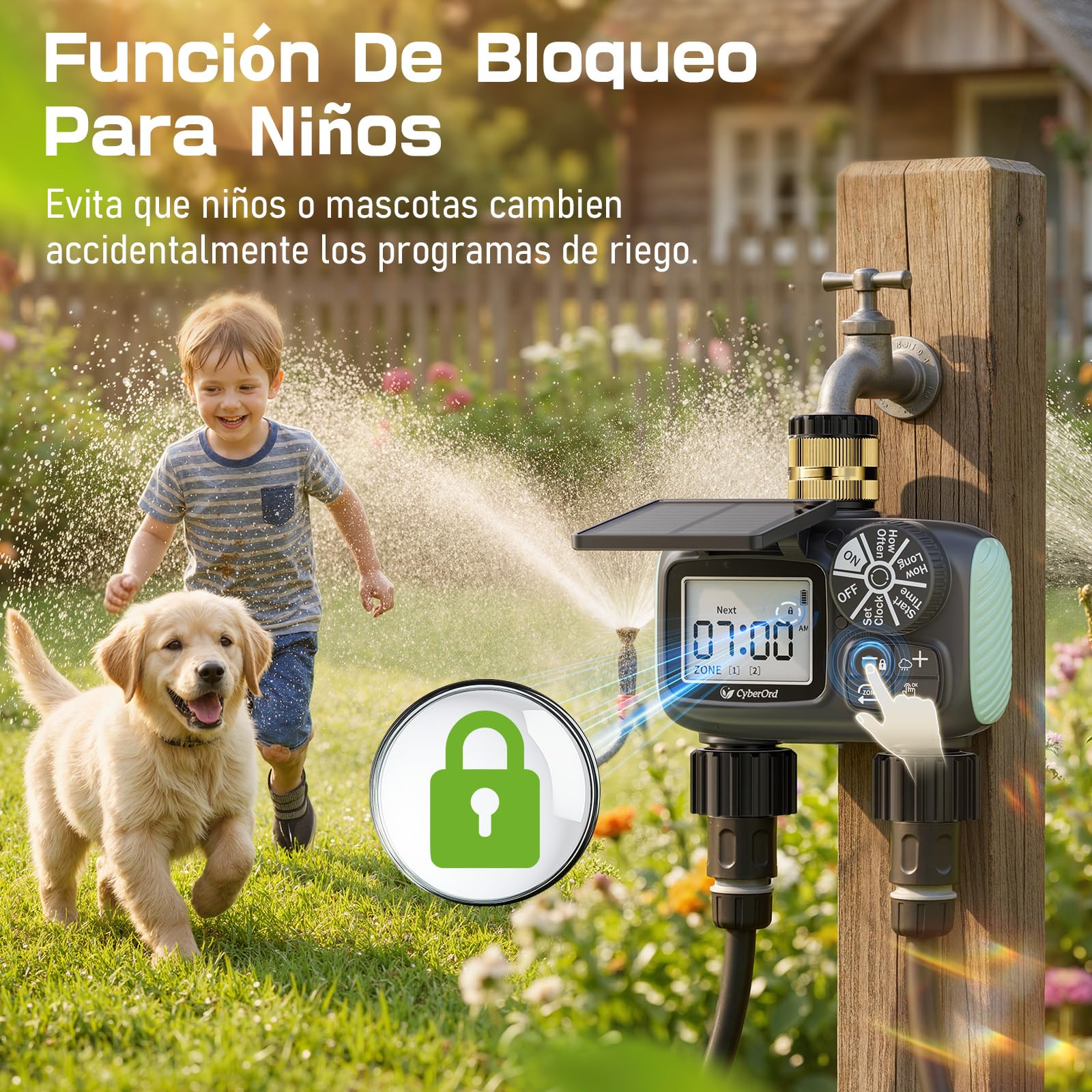 Programador de Riego Solar CyberOrd de 2 Zonas, Temporizador de Riego con Carga Solar, Sistema de Riego Automático con Modos Automático/Manual/Retraso por Lluvia para Césped/Ppatio/Jardín
