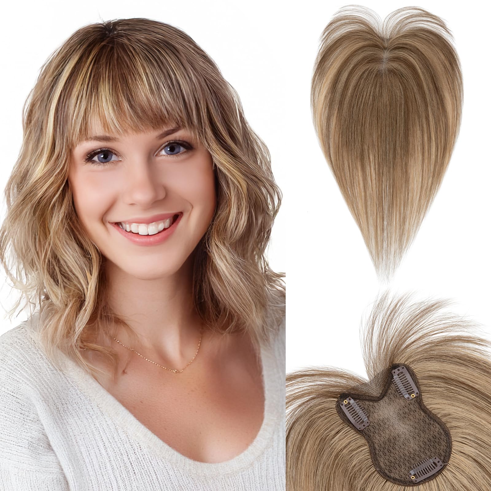SEGOHAIR Human Hair Topper with Bangs Double-Layer Hand-stitched Thinning Hair Toppers 360°3D Coverage Clip in Bangs Natural for Women Breathable 11inch Chocolate Brown with Honey Blonde,21g