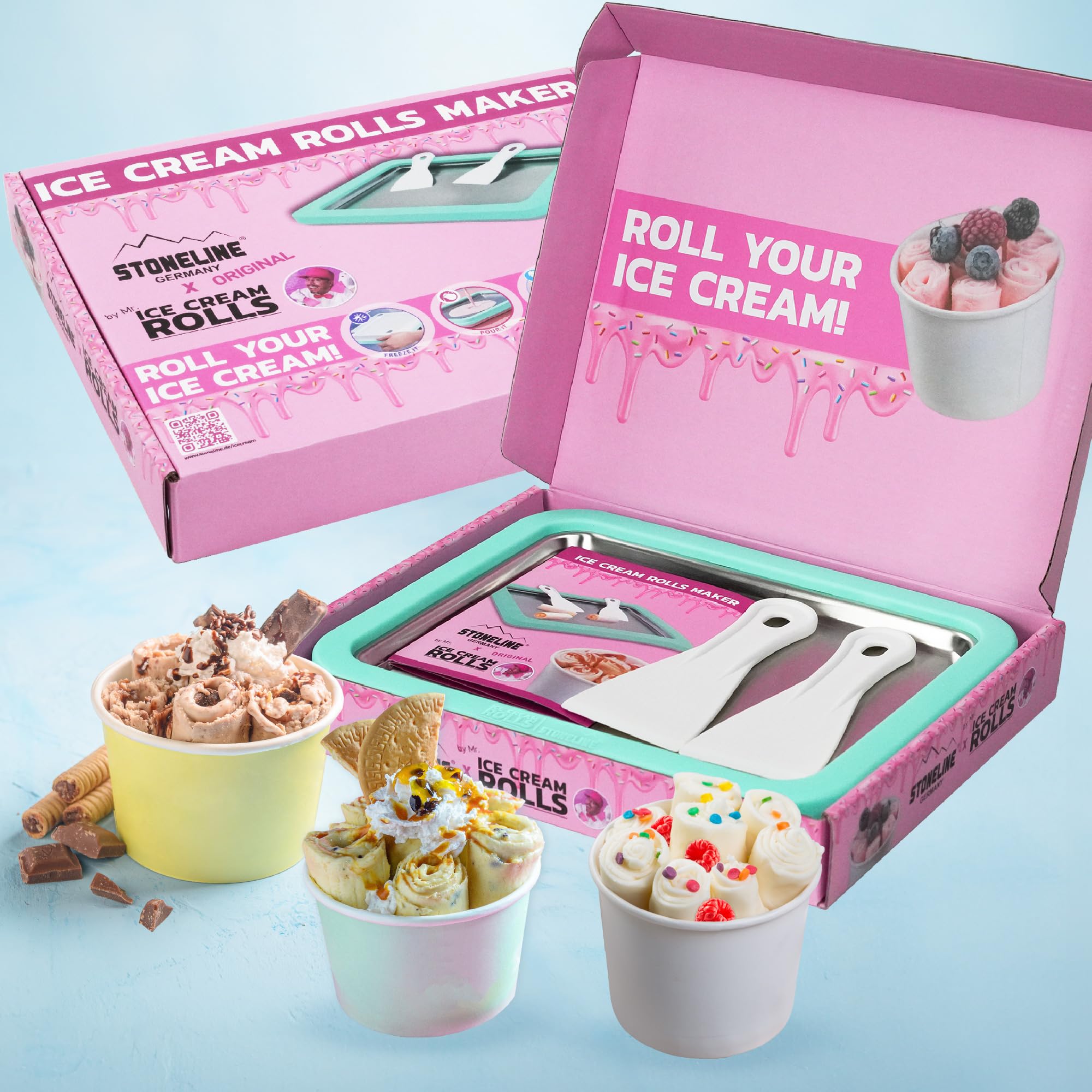 STONELINE by Mr. Ice Cream Rolls ORIGINALE Piastra di Gelato Istantaneo 26x21x3,5 cm con 2 Spatole, Macchina per Gelato Arrotolato