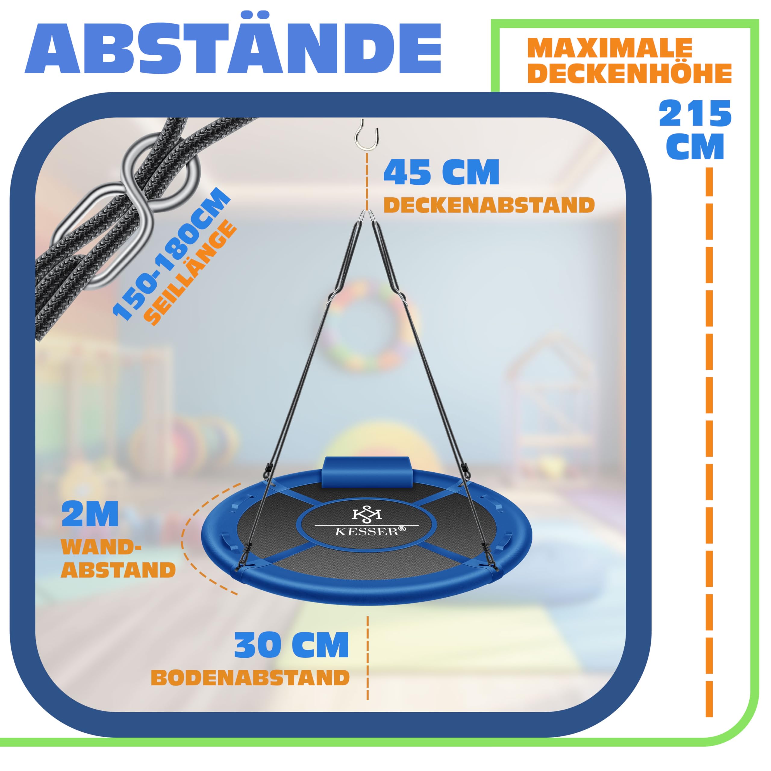 KESSER Nestschaukel Tellerschaukel Ø 120cm bis 300kg mit Kissen & 4 Griffen verstellbar Blau