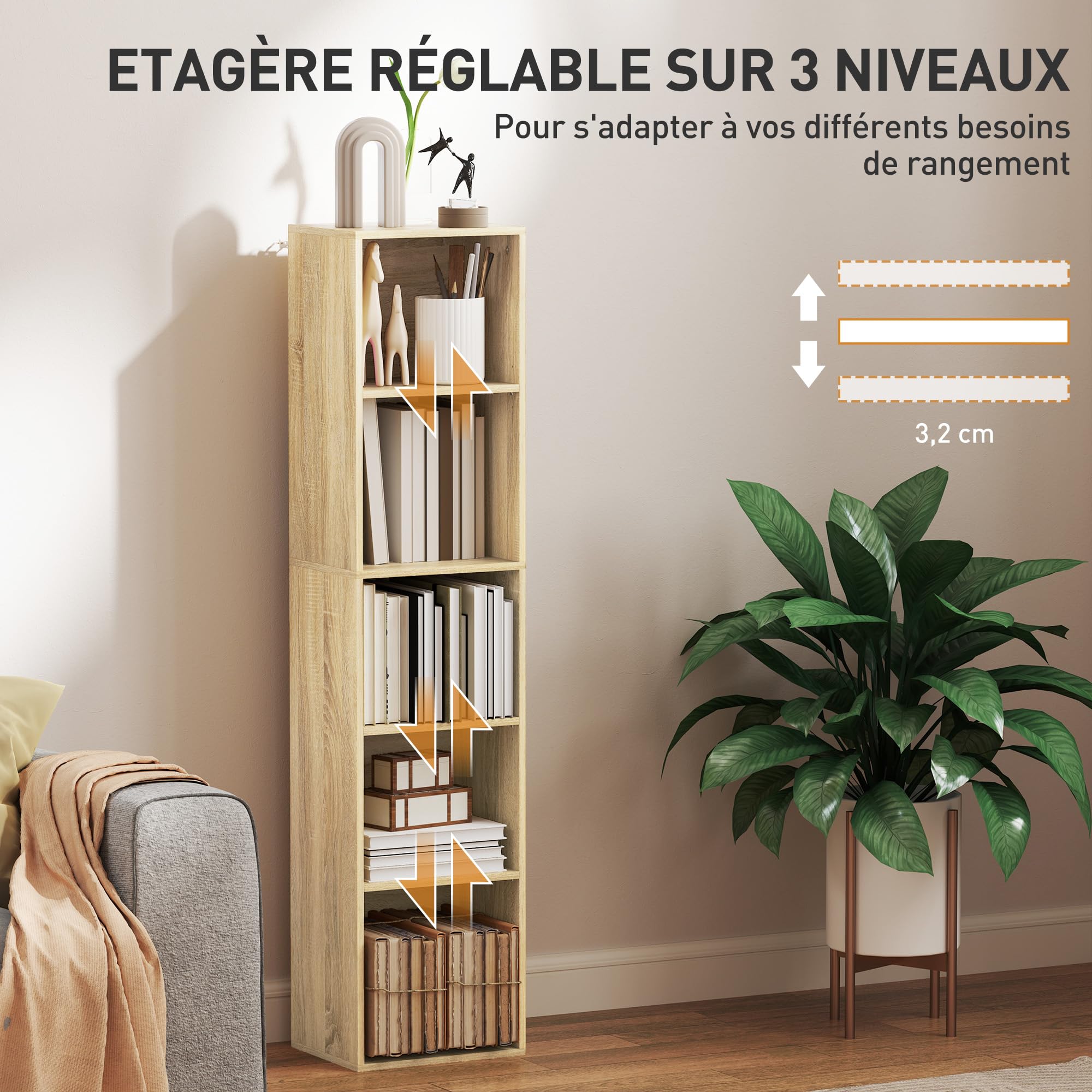 HOMCOM Libreria, scaffale a 5 livelli, contenitore con ripiani regolabili per soggiorno, camera da letto, studio, 30 x 24 x 133,5 cm, legno naturale