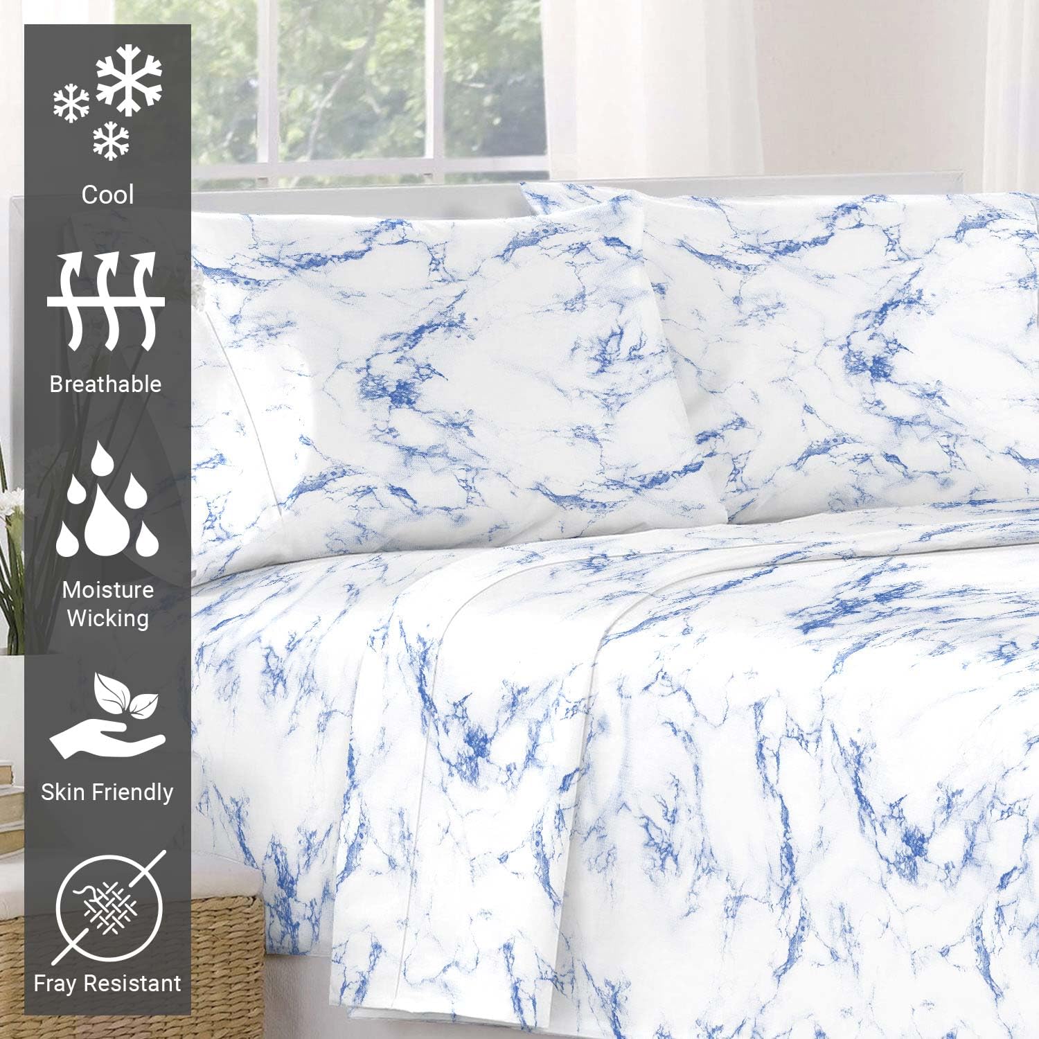 Pizuna Carrara Marble Blue Print Flat Sheet Super King Size, 100% Long Staple Cotton 400 Thread count Bedding Super King - Image 2