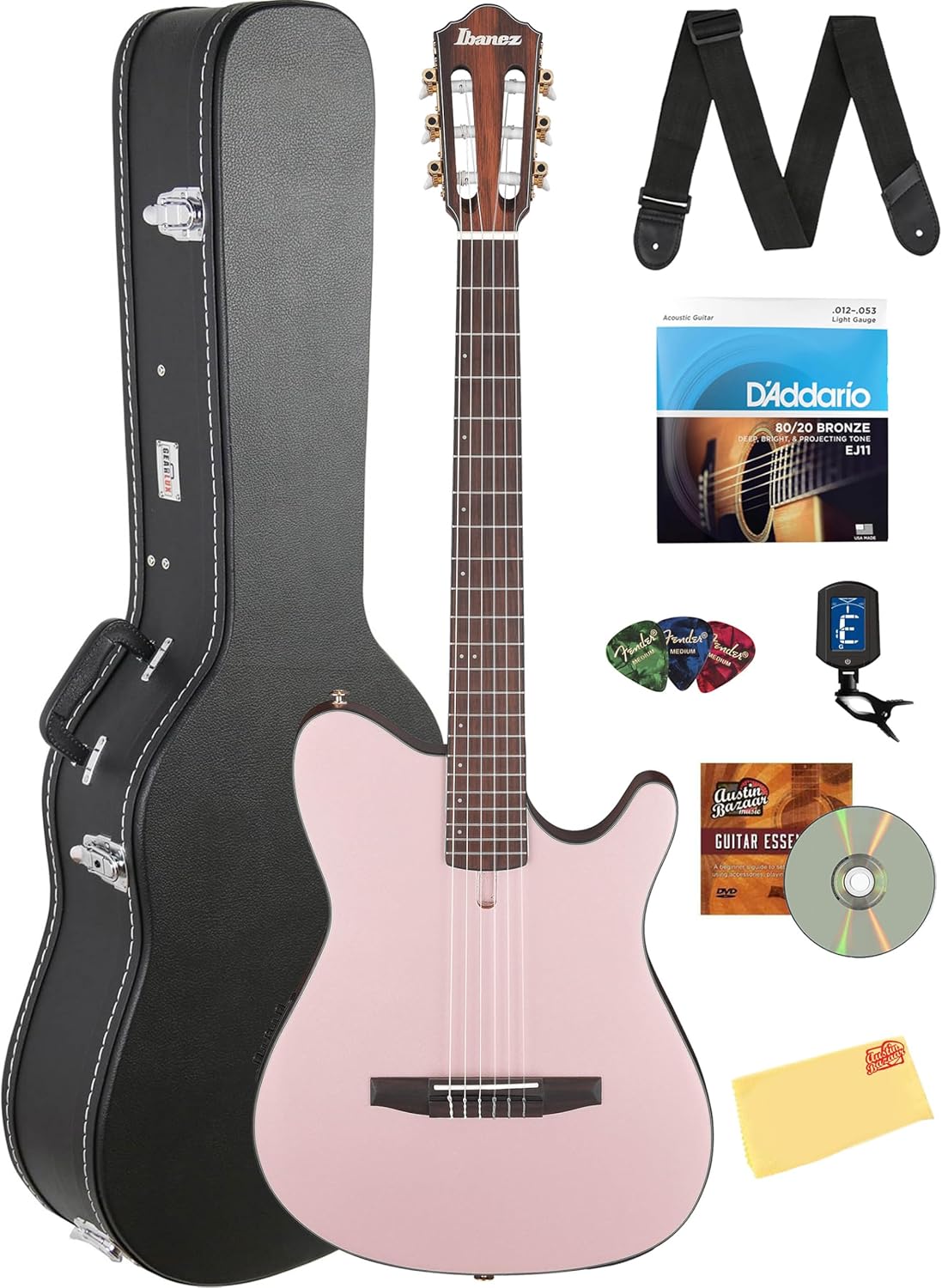 Ibanez FRH10N FRH Nylon String Acoustic-Electric Guitar - Rose Gold Metallic Flat Bundle with Case, Tuner, Strap, D'Addario Strings, Picks, Austin Bazaar Instructional DVD, and Polishing Cloth Rose Gold Metallic Flat Bundle w/ Case - Image 1 of 9