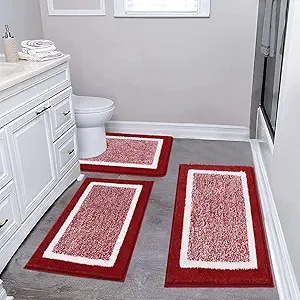 Pauwer 3 Piece Bathroom Shower Rugs with U-Shaped Contour Toilet Mat, Absorbent Microfiber Plush Bath Mats, Non Slip, Machine Washable Shaggy Bathroom Floor Mats, Red