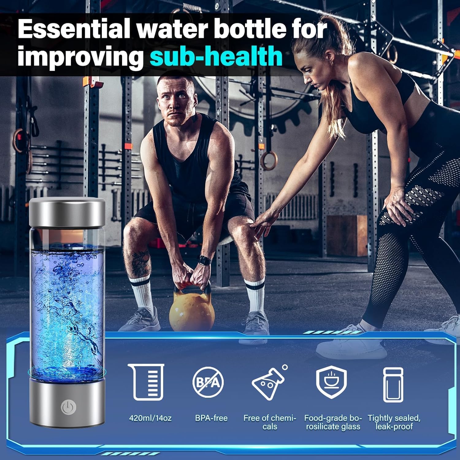 14 oz Portable Hydrogen Water Bottle Generator with PEM-SPE Technology, USB Rechargeable Hydrogen Water Ionizer Cup, Produces up to 3000 ppb Hydrogen in 3 Minutes for Home, Gym, Office & Travel