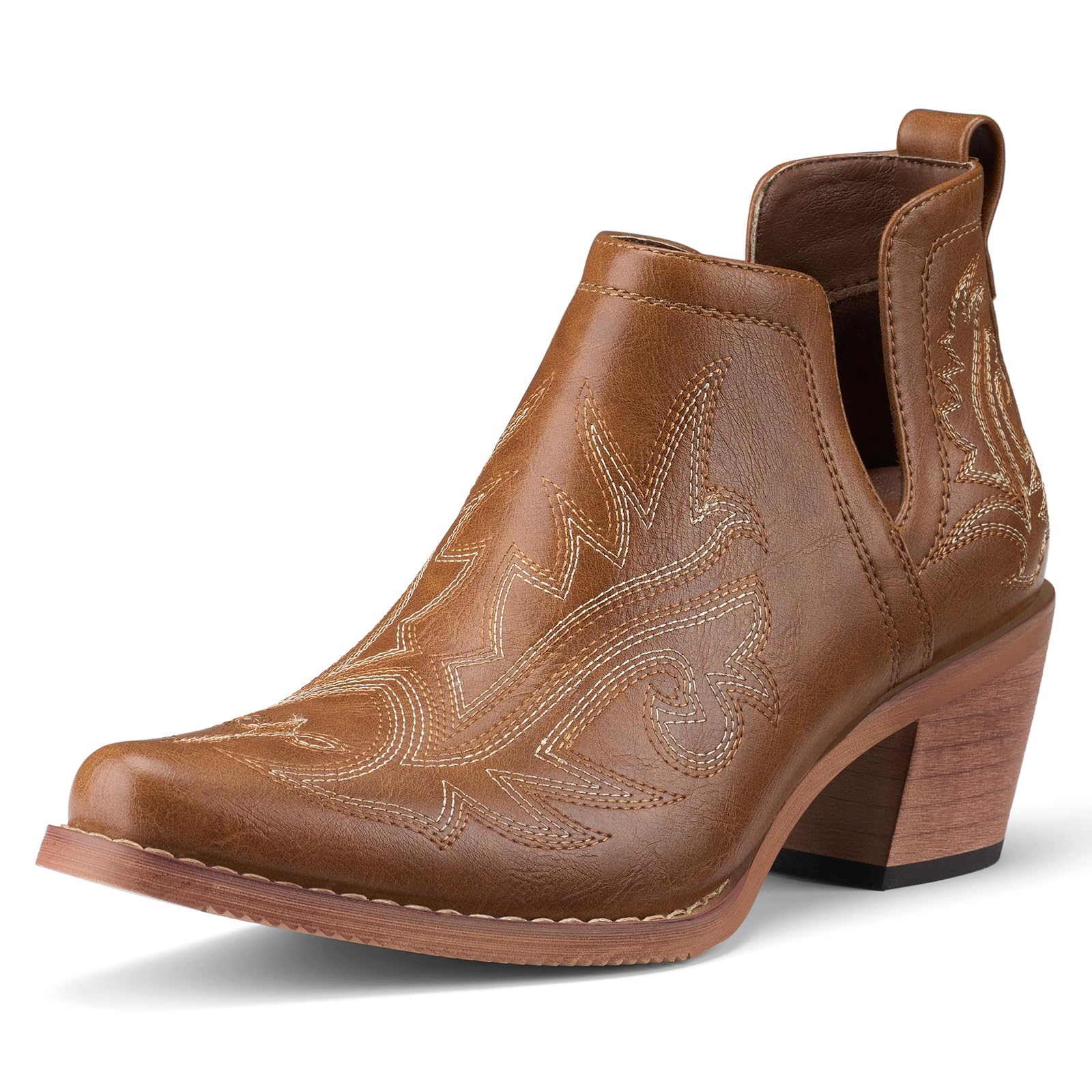 Rollda Cowboy Ankle Booties for Women, Cowgirl Short Boots with Chunky Stack Heels, V Cutout Ladies Western Booties for Cowboy Chic Style