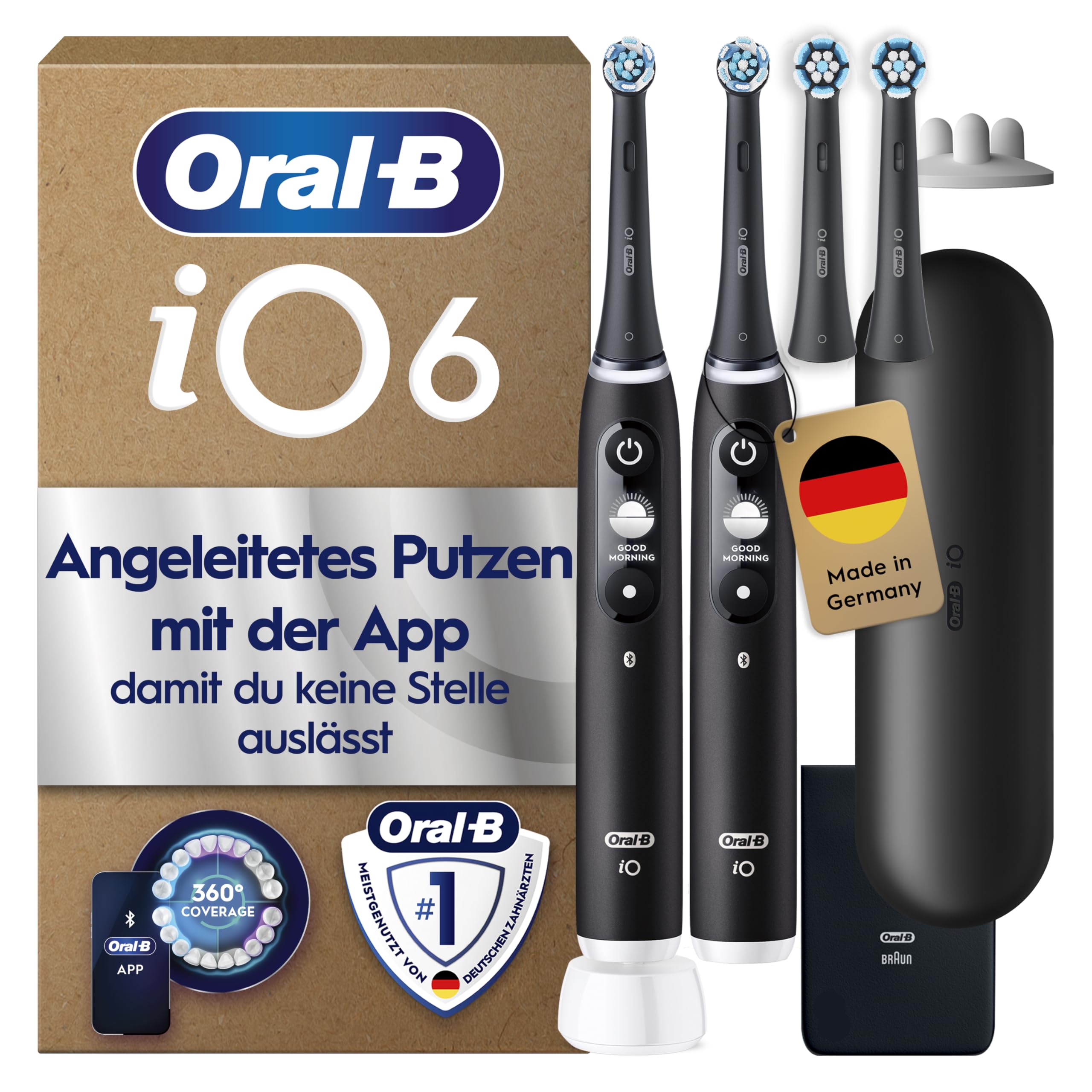 Oral-B iO Series 6 Plus Edition Elektrische Zahnbürste, Doppelpack mit 4 Aufsteckbürsten, Schwarz - Electric Toothbrush, Inkl. Reise-Etui Und 5 Putzmodi für Zahnpflege, Designed by Braun