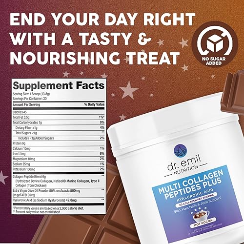 Miniatura 4 de DR EMIL NUTRITION Polvo de péptidos de colágeno  Polvo de colágeno con sabor a cacao caliente para mujeres, suplementos de colágeno para cabello,
