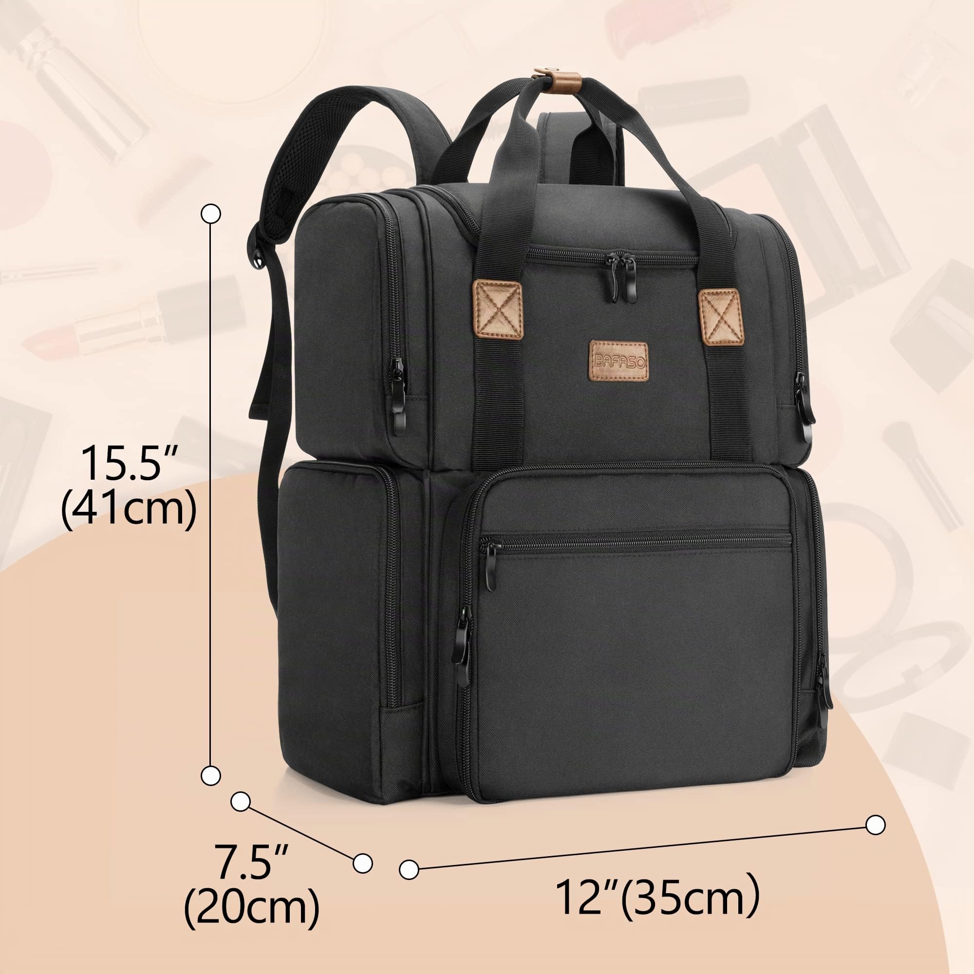 BAFASO Bolsa de Cosméticos Mochila con 3 Bolsas Interiores Extraíbles, Bolsa de Maquillaje de Viaje con Múltiples Bolsillos (Solo Bolsa), Negro