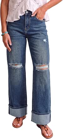 Luvamia Wide Leg High Waisted Ripped Denim Jeans for Women
