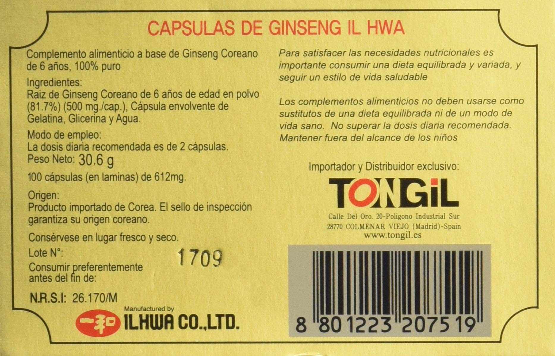 TONG-IL - Il Hwa, Ginseng Coreano, 500 mg x 50 capsulas (Pack 2 und.)