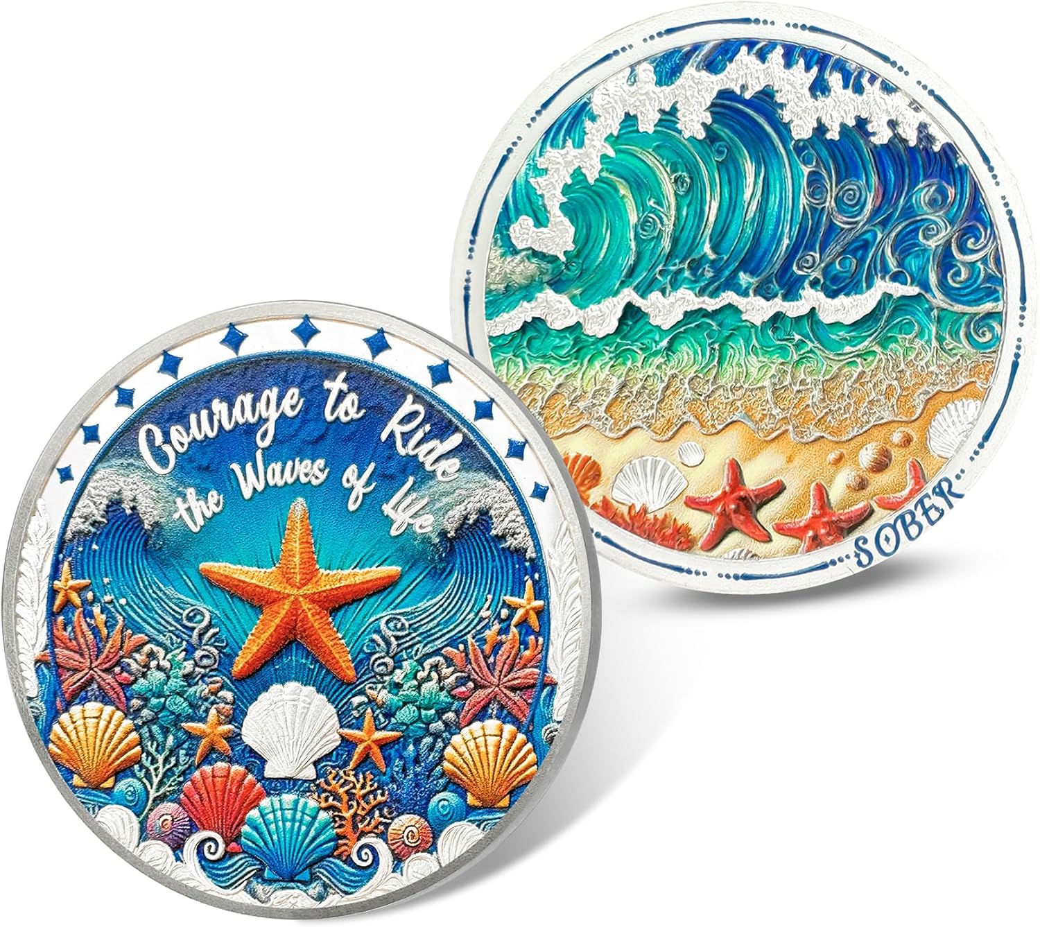 Ocean Sobriety Coin - AA/NA 12 Step Recovery Chip Medallion, "Courage to Ride the Waves of Life" 3D Wave & Starfish Design, Sober Gift for Women & Men