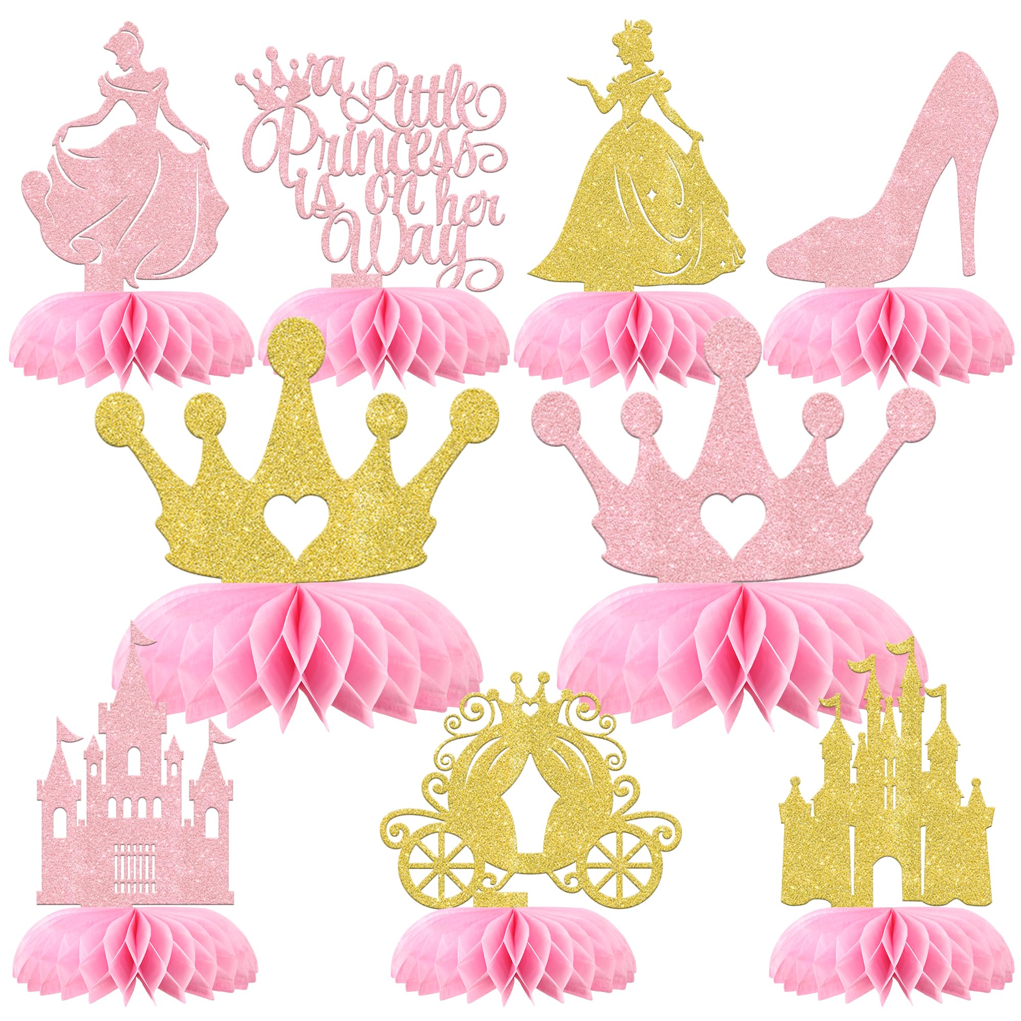 12 Pack Princess Party Honeycomb Centerpieces Princess Theme Party Decorations Supplies Pink and Gold Castle Carriage High Heel Crown Birthday Table Toppers for Girls
