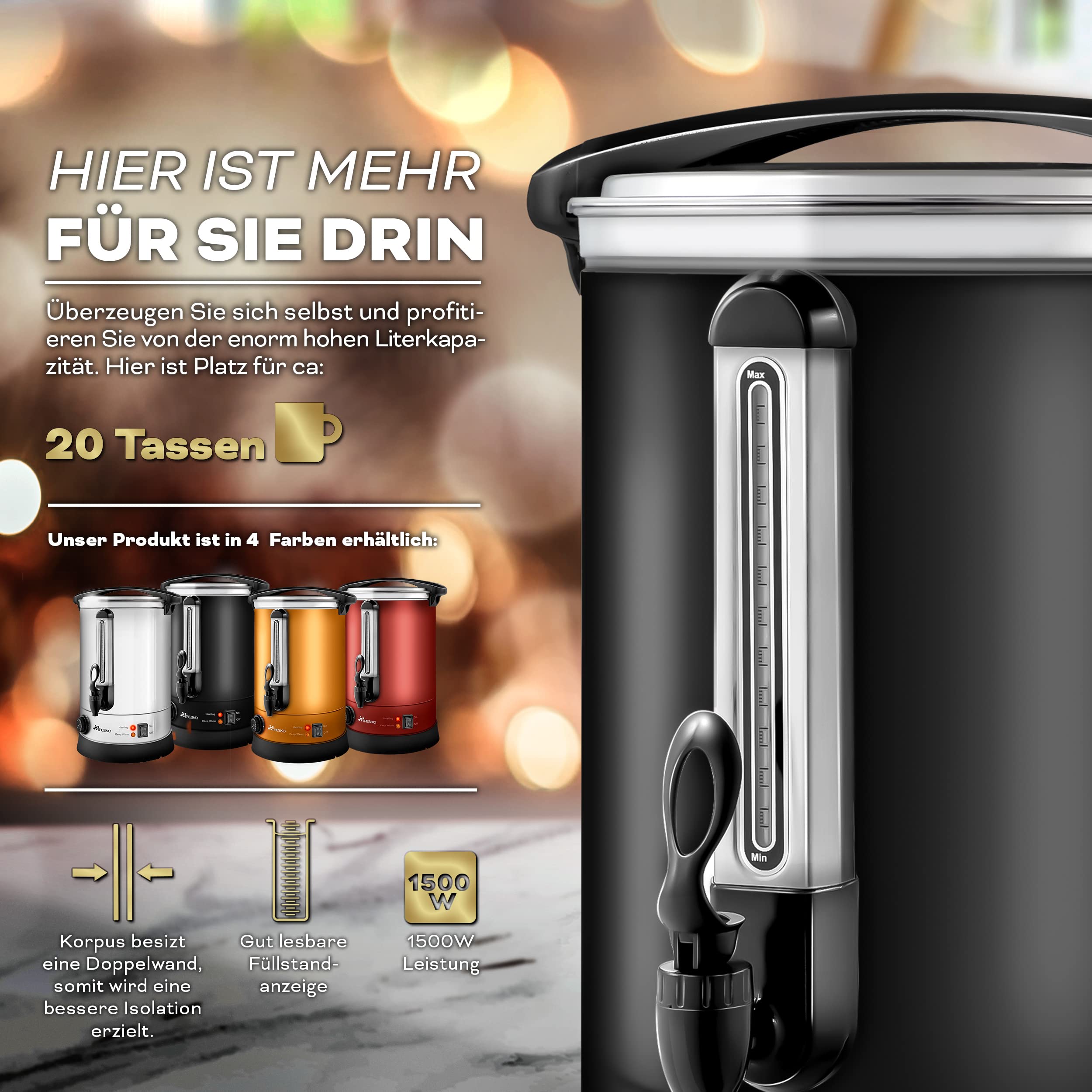 TRESKO® Bollitore per Vin Brulè 6,8L / 1500W Automatica da Cucina in Acciaio Inox Bollitore Vin Brulè Dispenser di Bevande Calde Distributore di Acqua Calda
