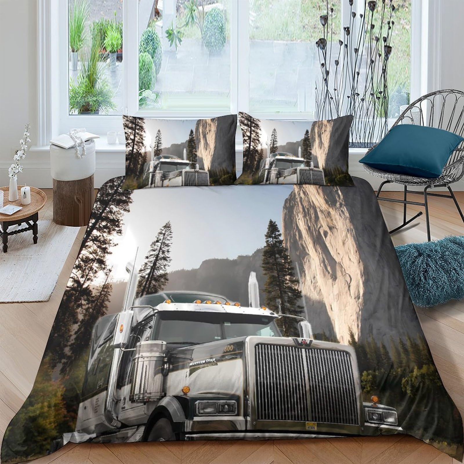 Ctjqhvkz Style-8 3D Printed Truck Mountain Fitted Sheet Microfiber Soft Grey Landscape Bed Cover For Bedroom Guest Room Easy Care Single（135X200cm）