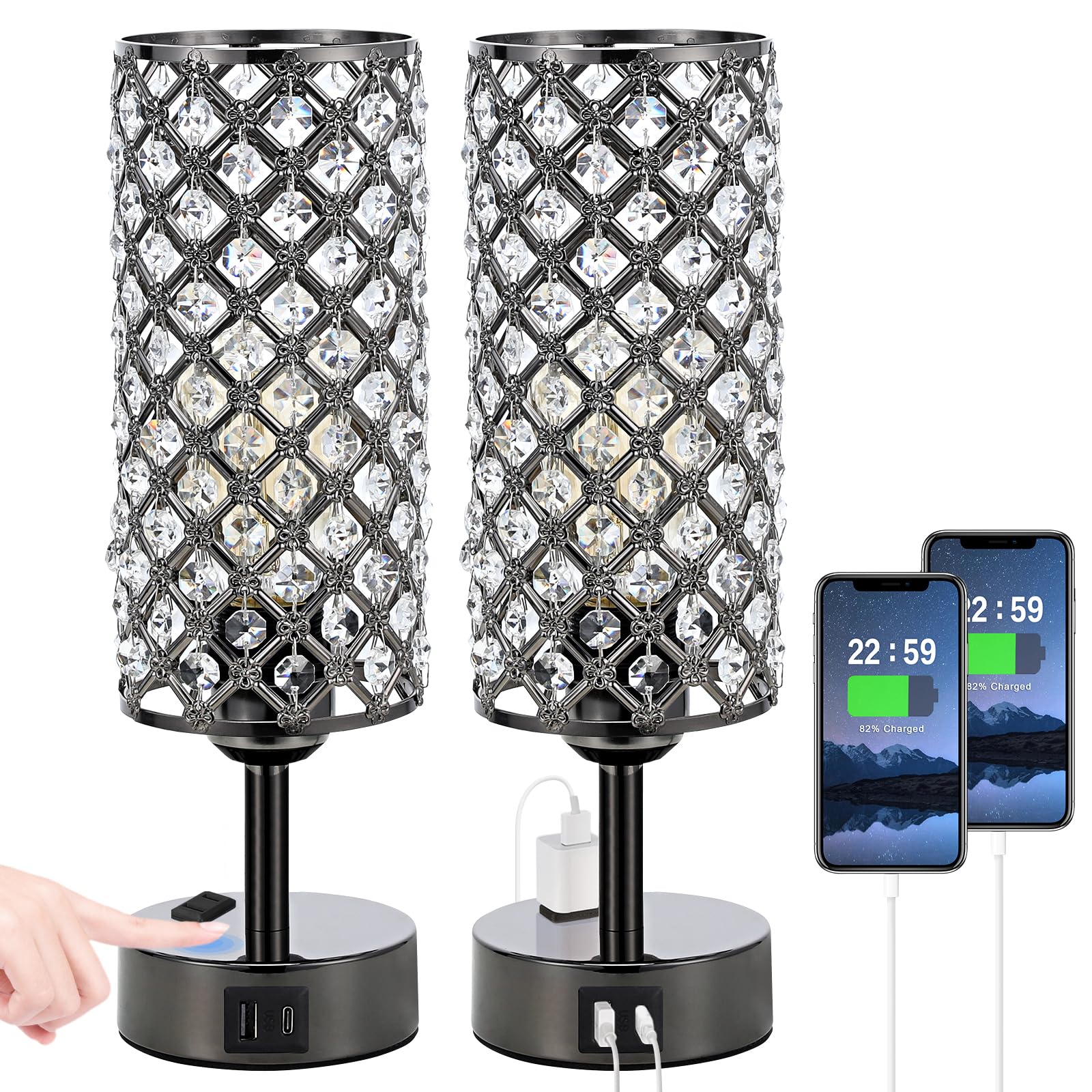 Hong-in Crystal Table Lamp Touch Control Set of 2, 3-Way Black Crystal Lamps with USB C+A Ports & AC Outlet, Dimmable Nightstand Desk Lamp?Modern Bedside Table Lamp for Bedroom(Bulbs Included)