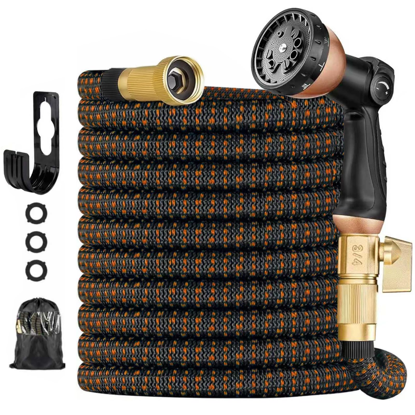100 ft Expandable Garden Hose - Kink Free Flexible Water Hose with Thumb-Controlled 10-Function Nozzle, 3/4 Solid Brass Connectors, Retractable Latex Core - Lightweight Expanding Hose