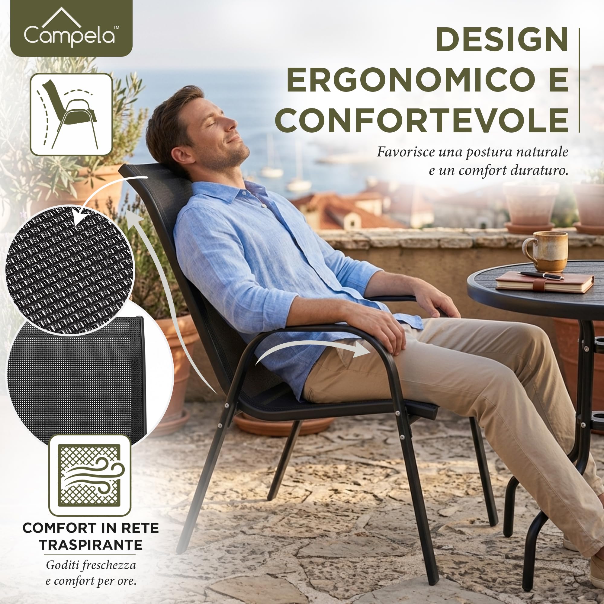 CA1045 Set bistrot da balcone – Tavolo rotondo con 2 sedie impilabili – Struttura in acciaio verniciato, sedute in textilene – Per esterni, grigio scuro