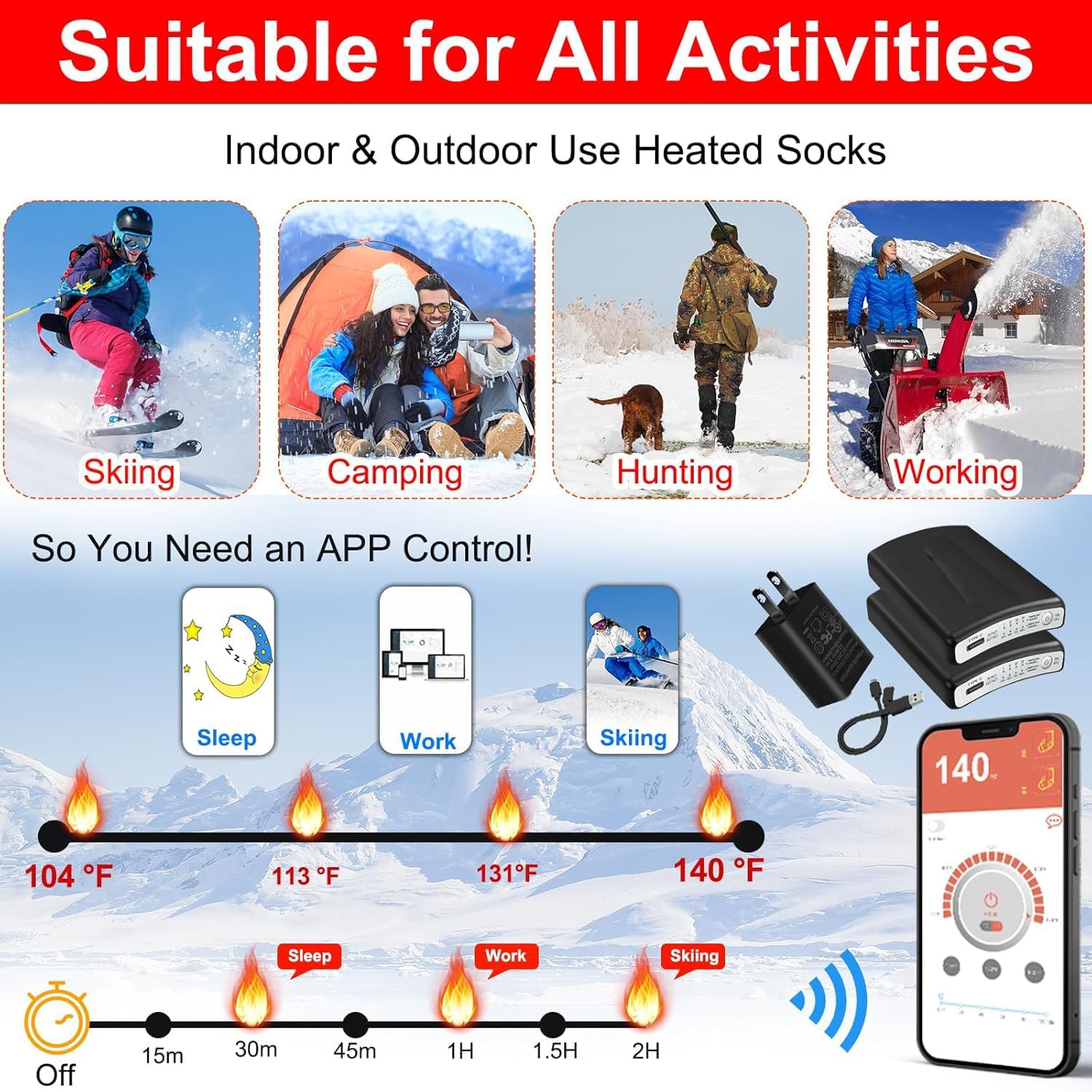 5000mAh Rechargeable Heated Socks for Men Women, APP Controlled ski Socks, Machine Washable Thermal Socks for Skiing, Hunting, Fishing, Riding, (Pure Giry-APP)