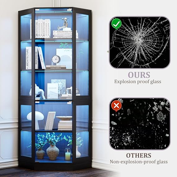 Corner Display Cabinet with Glass Doors, 5-Tier Curio Cabinets with RGB Lights, 71 Display Case with Wood Shelves for Collectibles, Black
