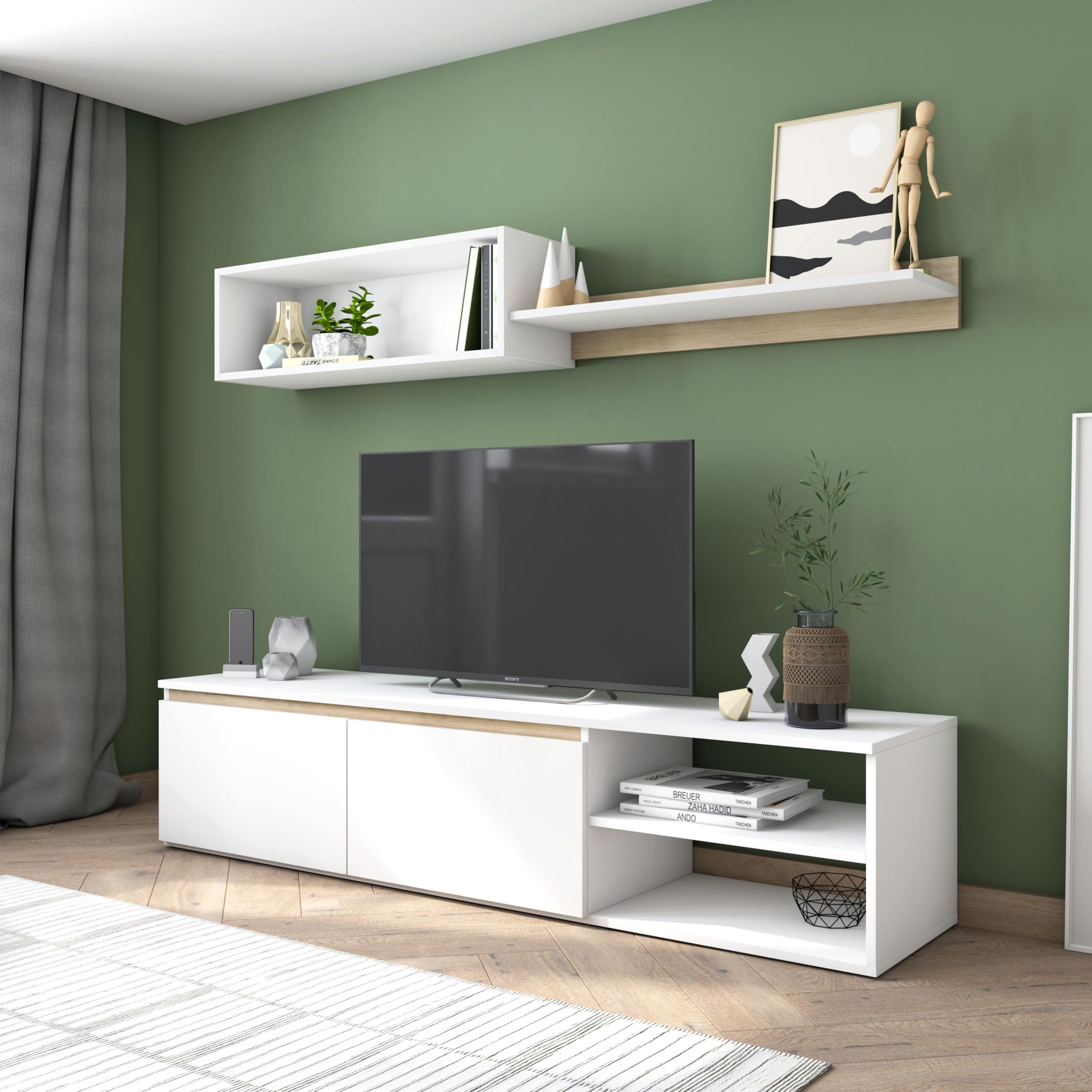 Miroytengo Modulo de TV para Salón Comedor Estilo Nórdico en Color Blanco Mate y Roble Sahara 160 cm