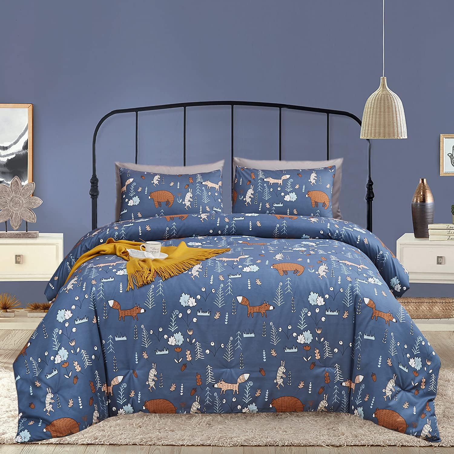 Wellboo Navy Blue Duvet Covers Twin Bear Cartoon Animals Bedding Cover Boys Kids Toddler Woodland Covers Cotton Dark Blue Forest Fox Beddings Children Gift Soft Health Durable Breathable No Insert