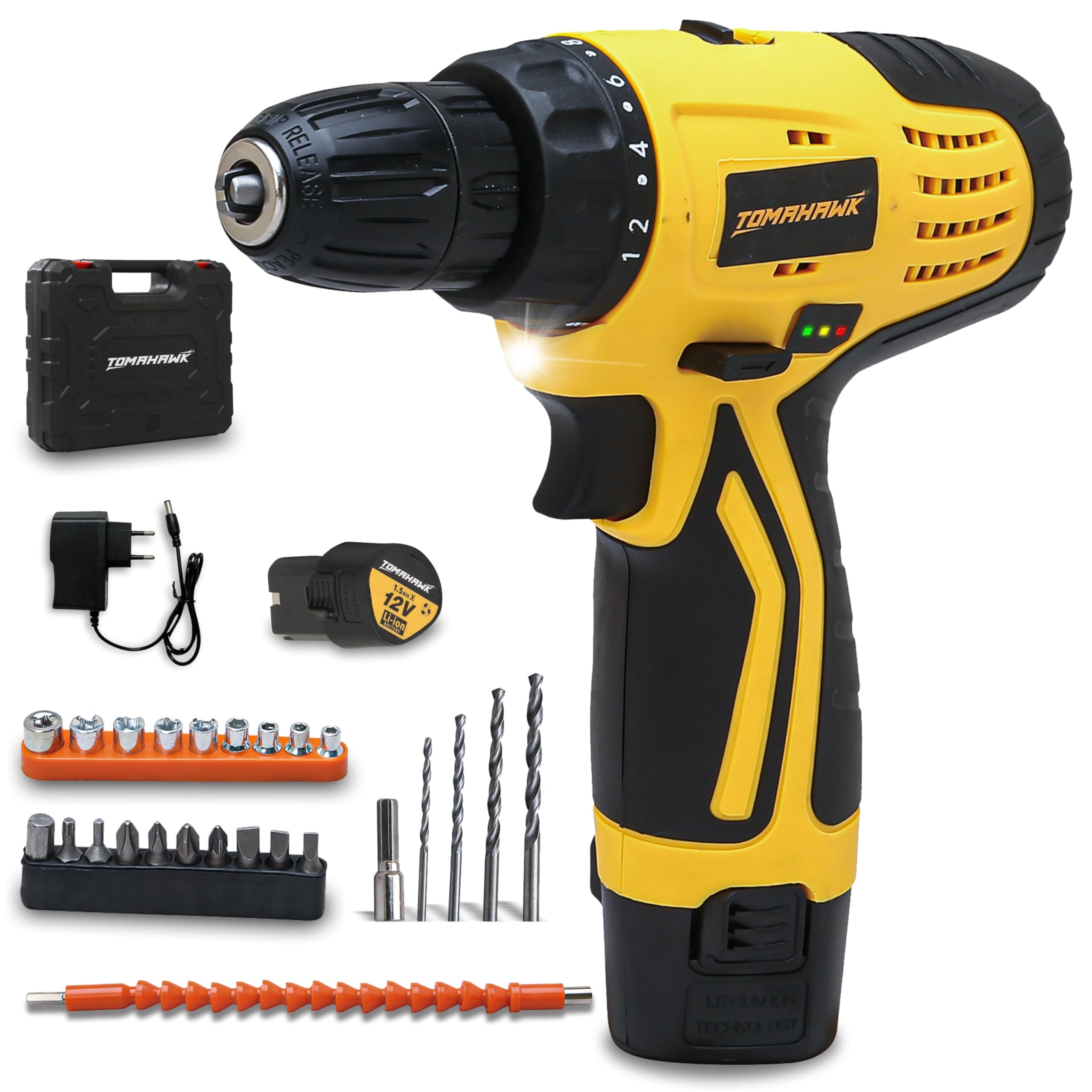 Tomahawk DMS-3100 12V Cordless Drill/Screwdriver | 10mm Keyless Chuck | 1-Speed | Double Battery | LED Light, Spirit Level, 24Nm Torque | For Home, DIY, Wood, Metal & Plastic Drilling