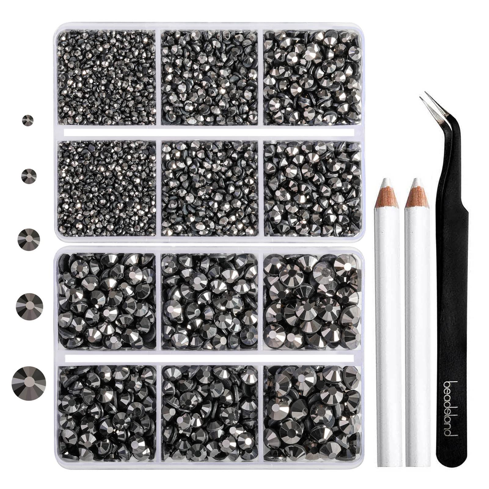 6736pcs Hotfix Rhinestones Flatback,Hematite Rhinestones for Crafts Clothes Mixed 5 Sizes, Hotfix Crystals with Tweezers and Wax Pencil Kit, SS6-SS30,Hematite — image 1