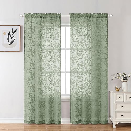 Vista 175 de OVZME - Anji Cortinas semitraslúcidas de gasa, ligeras, vaporosas, privacidad, textura, bolsillo barra doble, pájaros recortados, dormitorio, sala