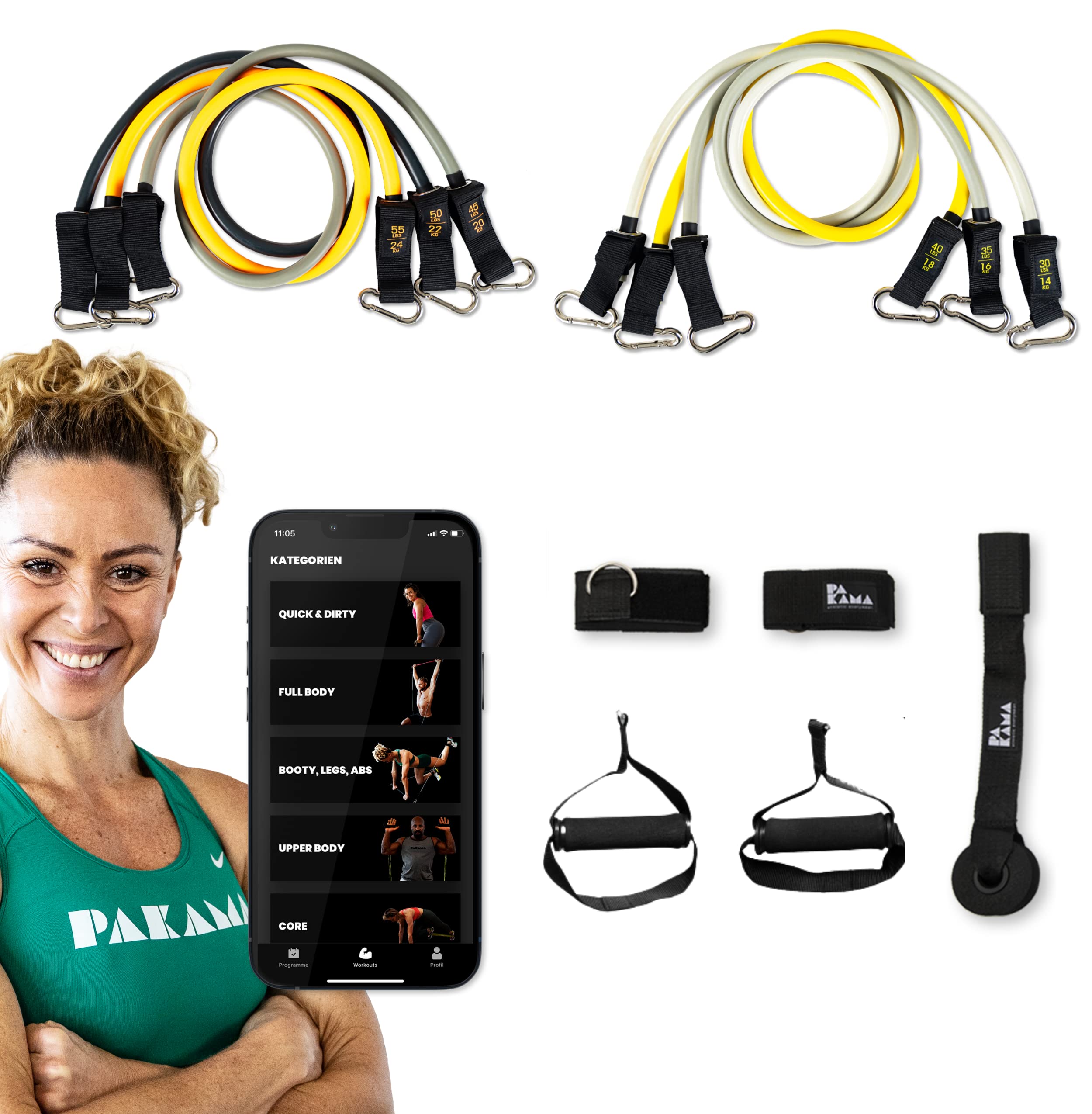 PAKAMA - Premium Widerstandsbänder (inkl. App) mit Stange oder Griffe für Home Workout & Krafttraining Zuhause - Extrem Resistance Bands 4,5kg - 24kg - Fitness-Bänder für bis zu 220kg Widerstand