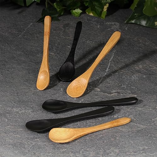 Miniatura 10 de BambooMN Cucharas de bambú, mini cuchara de salpequeñas cucharas de madera para especias, 100 piezas ovaladas marrón carbonizado de 4.3 pulgadas
