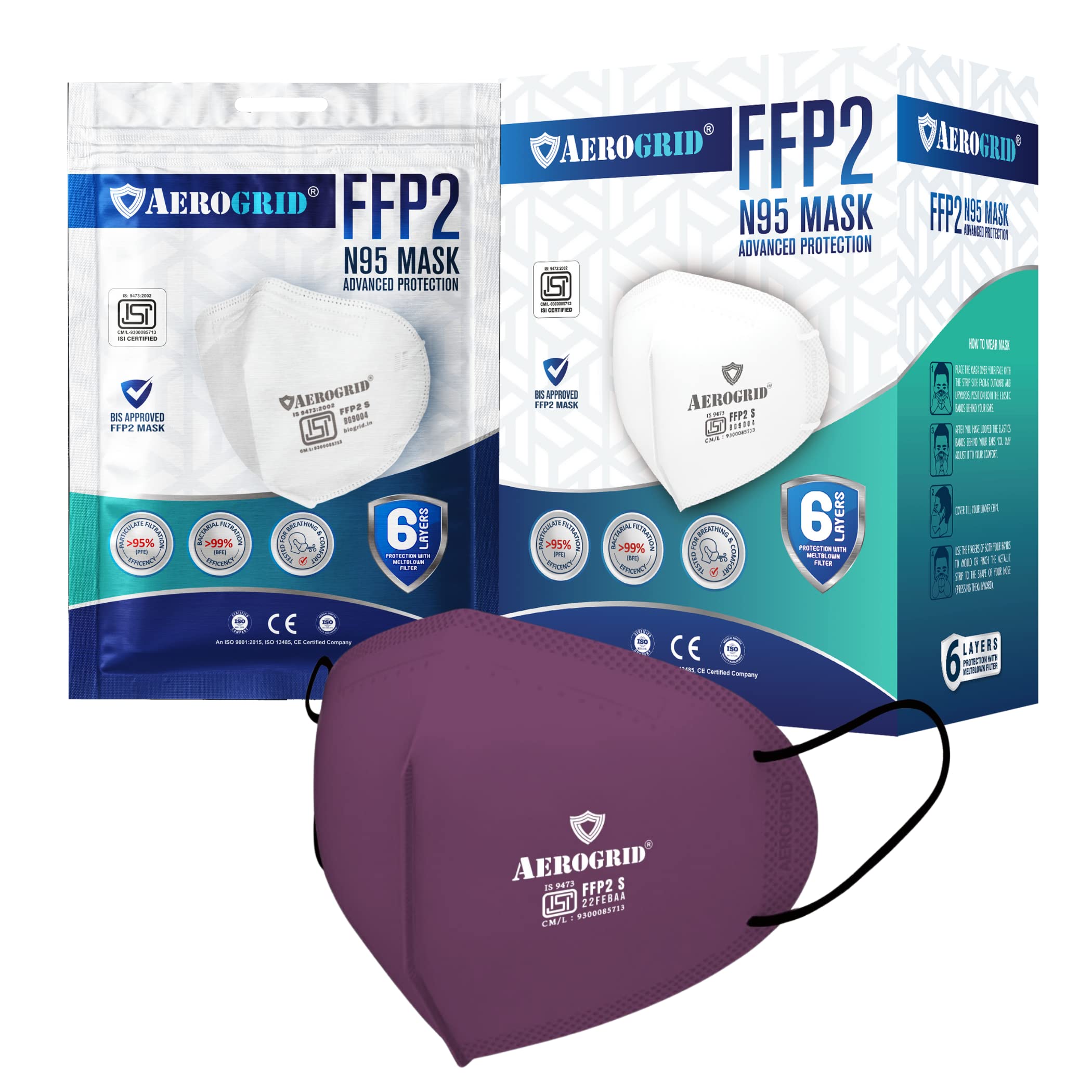 AeroGrid FFP2 | Pack of 25 | 6 Layers | ISI Mark | BIS Certified | EN 149 European Std. Certified | Premium N95 Mask for Unisex (Maroon, Ear Loop) (B09RGLXTM7) Amazon Price History, Amazon Price Tracker