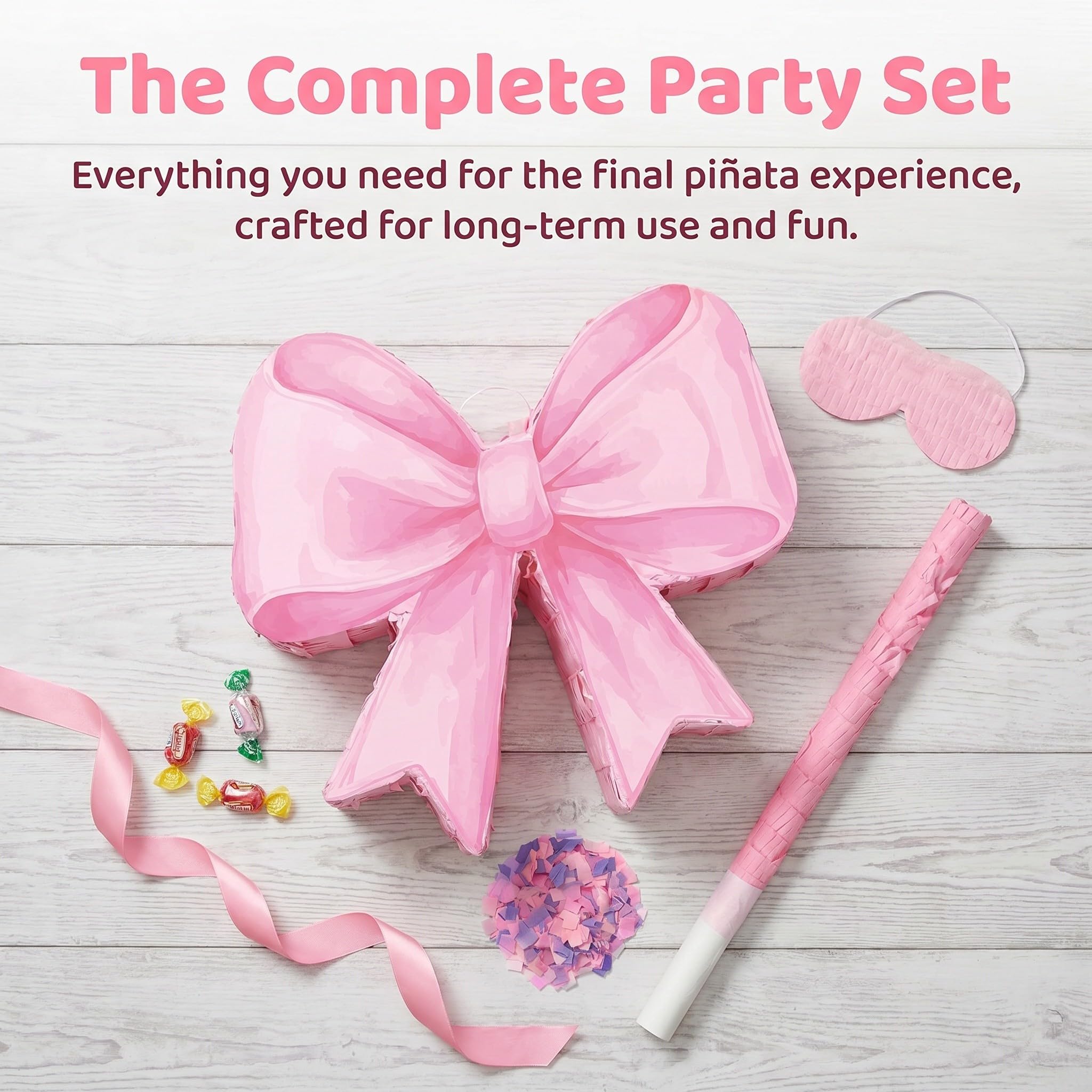 Operitacx Piñata rosa con lazo para niña, el set de piñata rosa con lazo incluye un palo, una máscara para los ojos y confeti, lindas decoraciones para fiestas de cumpleaños, artículos para fiestas