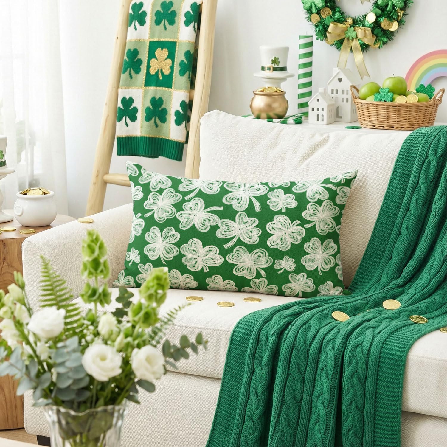 AVOIN colorlife St Patricks Day Thick Lines Shamrock Throw Pillow Cover, 12 x 20 Inch White Clover Green Cushion Case Decoration for Sofa Couch - Image 2