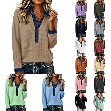 Waffle Knit Tops for Women Denim Patchwork Long Sleeve Collar Neck Tops