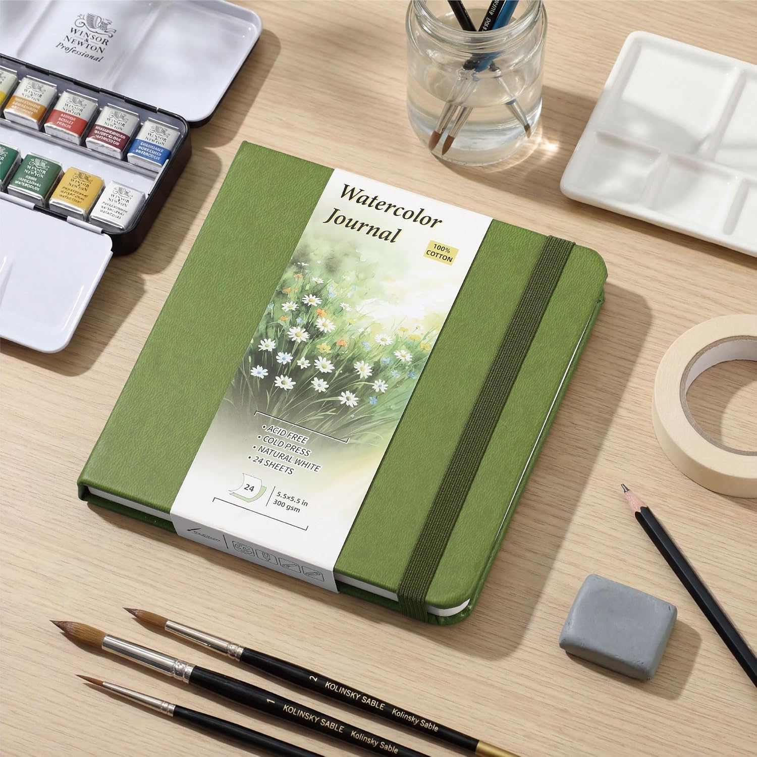 Watercolor Sketchbook Journal, 5.5" Square, 300 GSM Fine Grain Cold Press Paper, 48 Pages, 140lb Heavyweight Cotton Pad for Mixed Media, Gouache & Travel Sketching